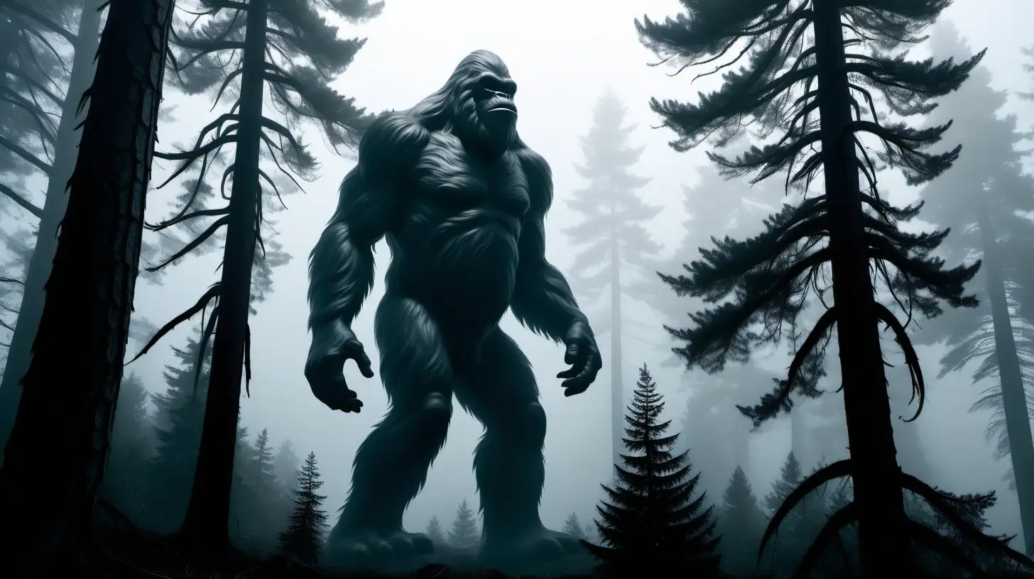 Mysterious Bigfoot Silhouette Amid Misty Forest