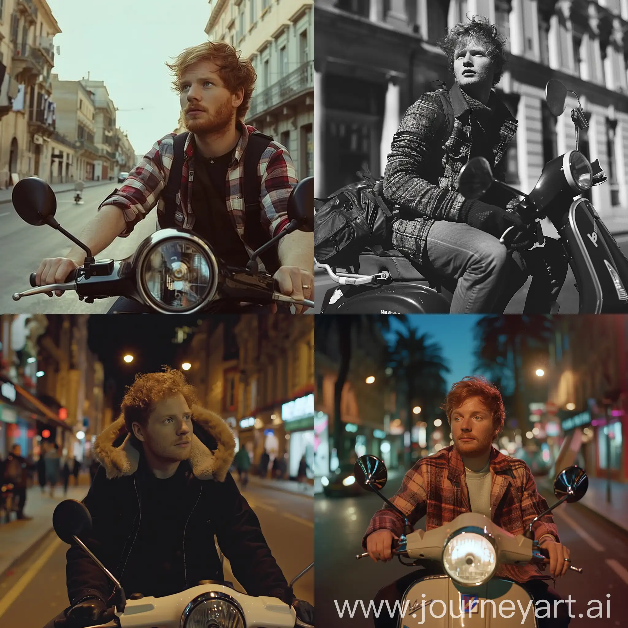 ed sheeran on a back seat of a moped