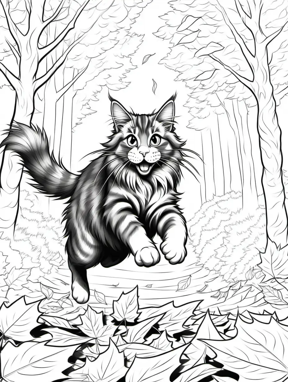 Playful Maine Coon Cat Pouncing on Autumn Leaves in Woodland Scene
