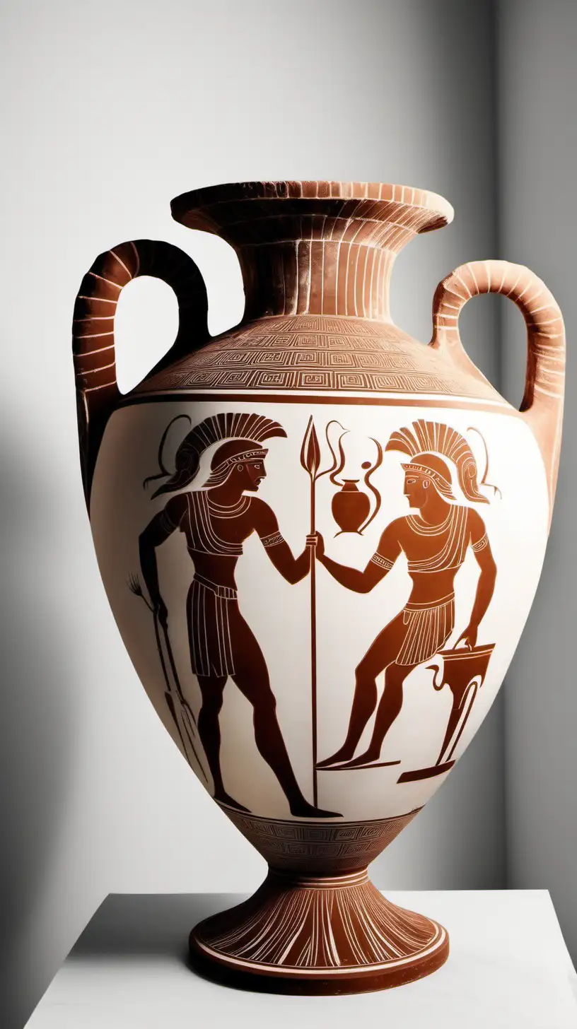 Ancient Greek Amphora with Mythology Design in a White Room