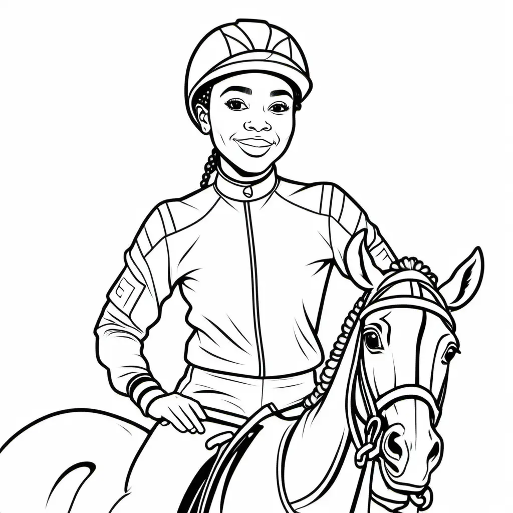 kids colouring page, simple, outline no colour, black lines white background, crisp, african-american, female, jockey, no fill, no gradient