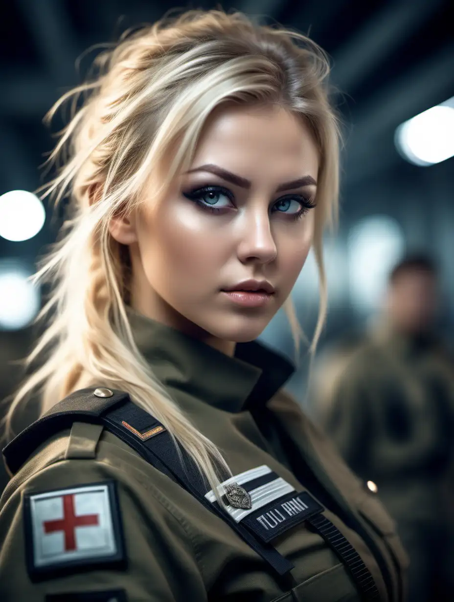 Beautiful Nordic woman, very attractive face, detailed eyes, big breasts, slim body, dark eye shadow, messy blonde hair, wearing futuristic military uniform, close up, bokeh background, soft light on face, rim lighting, facing away from camera, looking back over her shoulder, photorealistic, very high detail, extra wide photo, full body photo, aerial photo