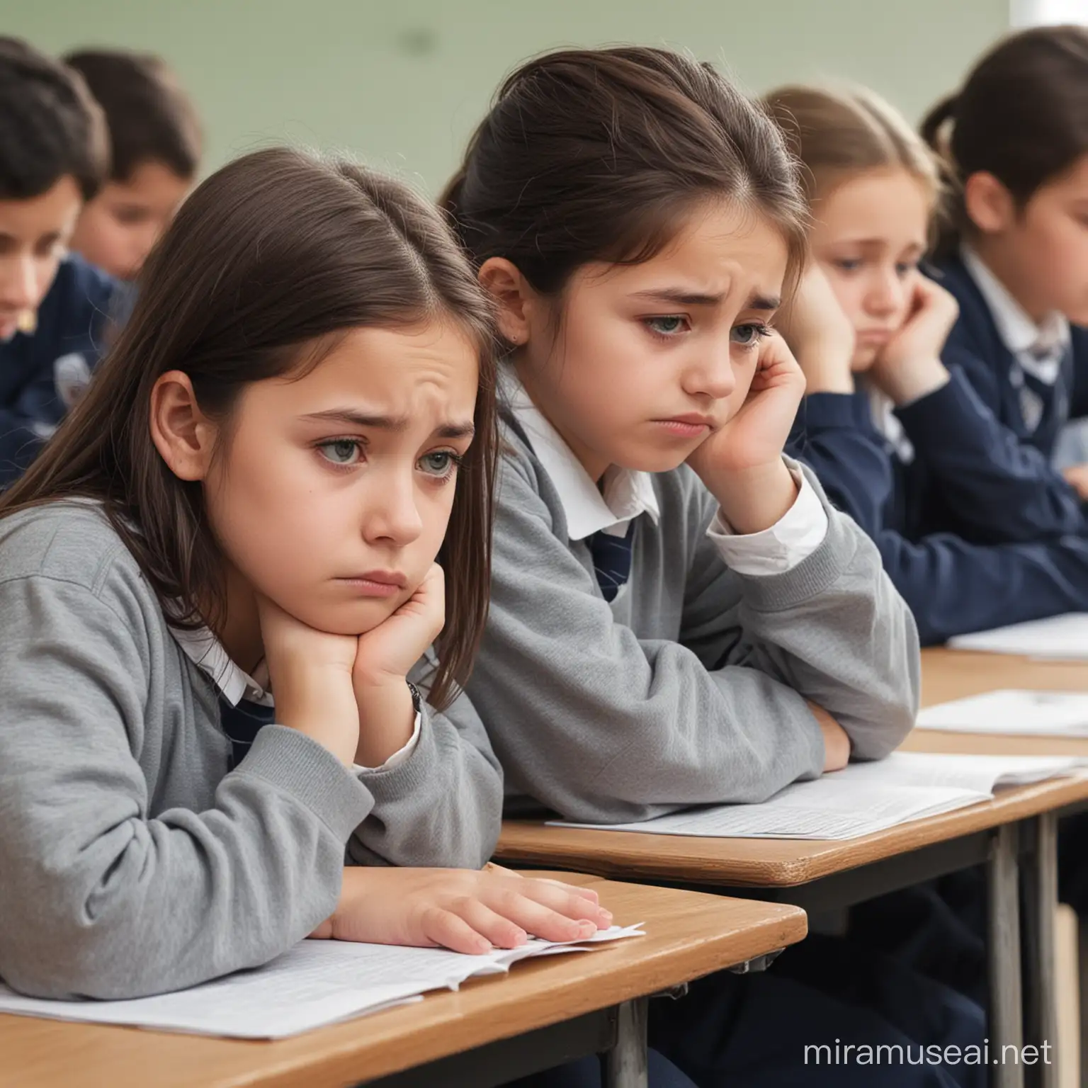 Sad Children Sitting Together in Classroom