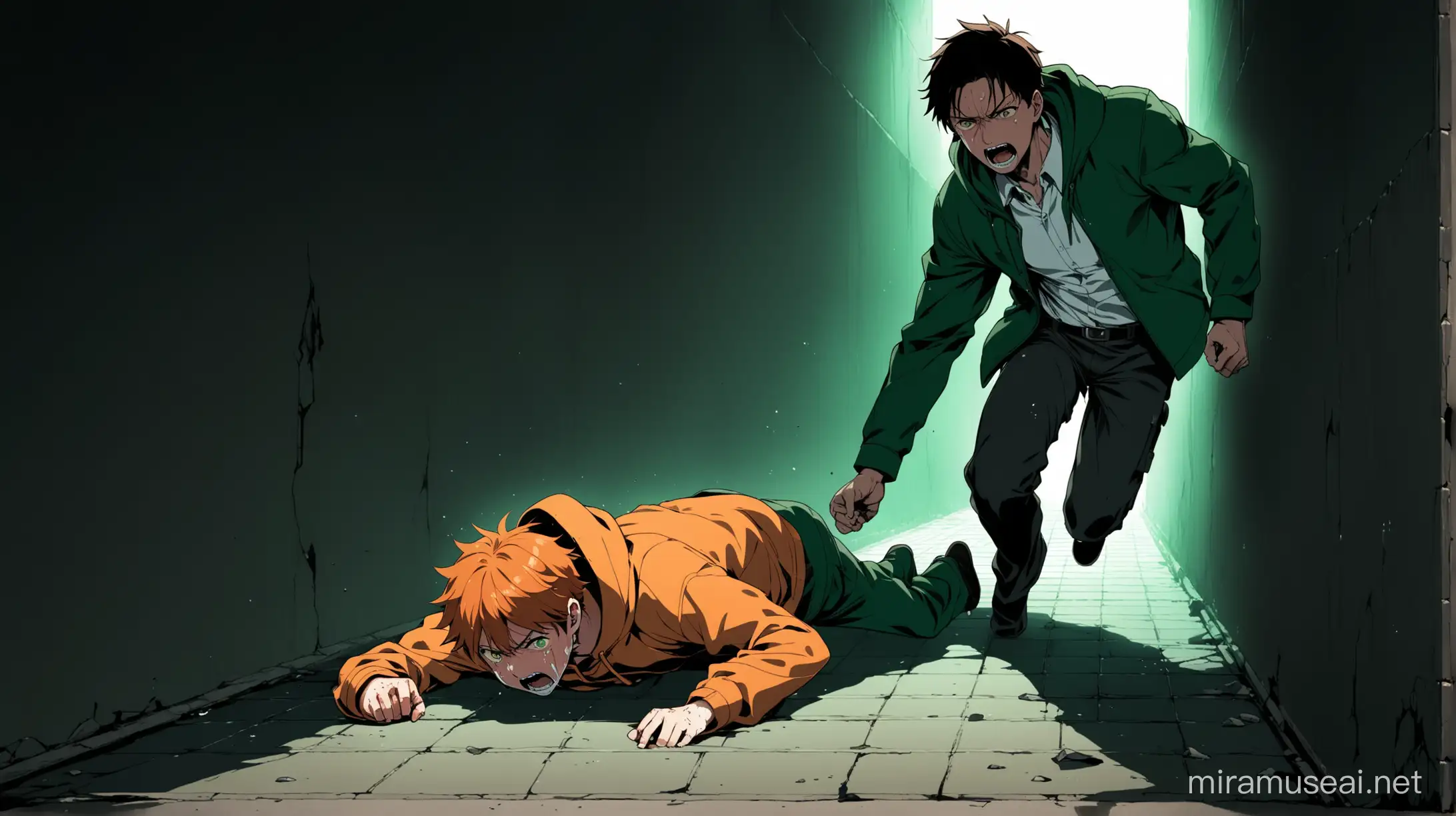 A side view image of of two anime characters in which there is a boy teenager who is handcuffed, crying, screaming and running towards his dad who is injured badly and sitting on the floor unconsciously. The boy is teenager, crying, orange headed, orange eyes, wearing dark green hoodie, handsome and running towards his unconscious father sitting on the floor of an underground secret room with dark green contrasts and vibe. His father is unconscious, injured, detective, dark brown headed, orange eyes, wearing detective clothes with dark brown and skin contrast. The image is of the boy running towards the father who is a detective and injured badly, unconscious and lying on a floor supporting a wall