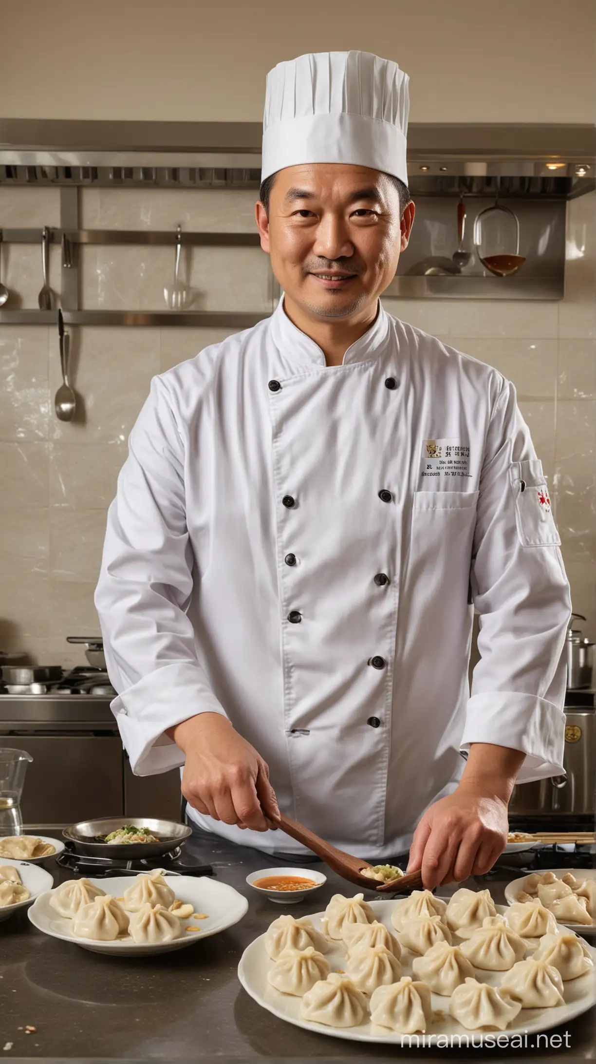 Experienced Chinese Chef Crafting Dumplings in Luxurious Hotel Kitchen