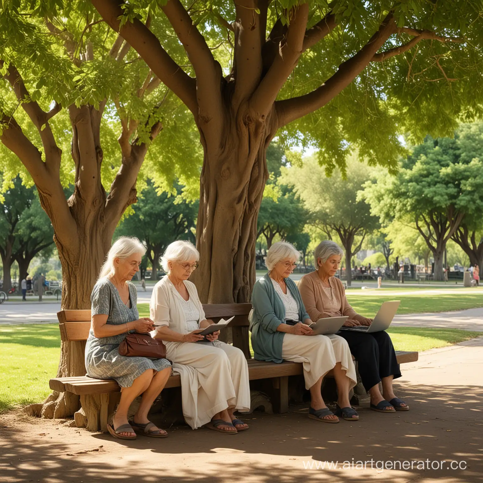 The scene depicts a peaceful park setting with a wooden bench situated beneath the shade of a sprawling tree. Four elderly ladies are seated on the bench, positioned closely together.

In the center of the bench, an elderly woman with silver hair is seated, her back slightly hunched as she focuses intently on a laptop resting on her thighs.  