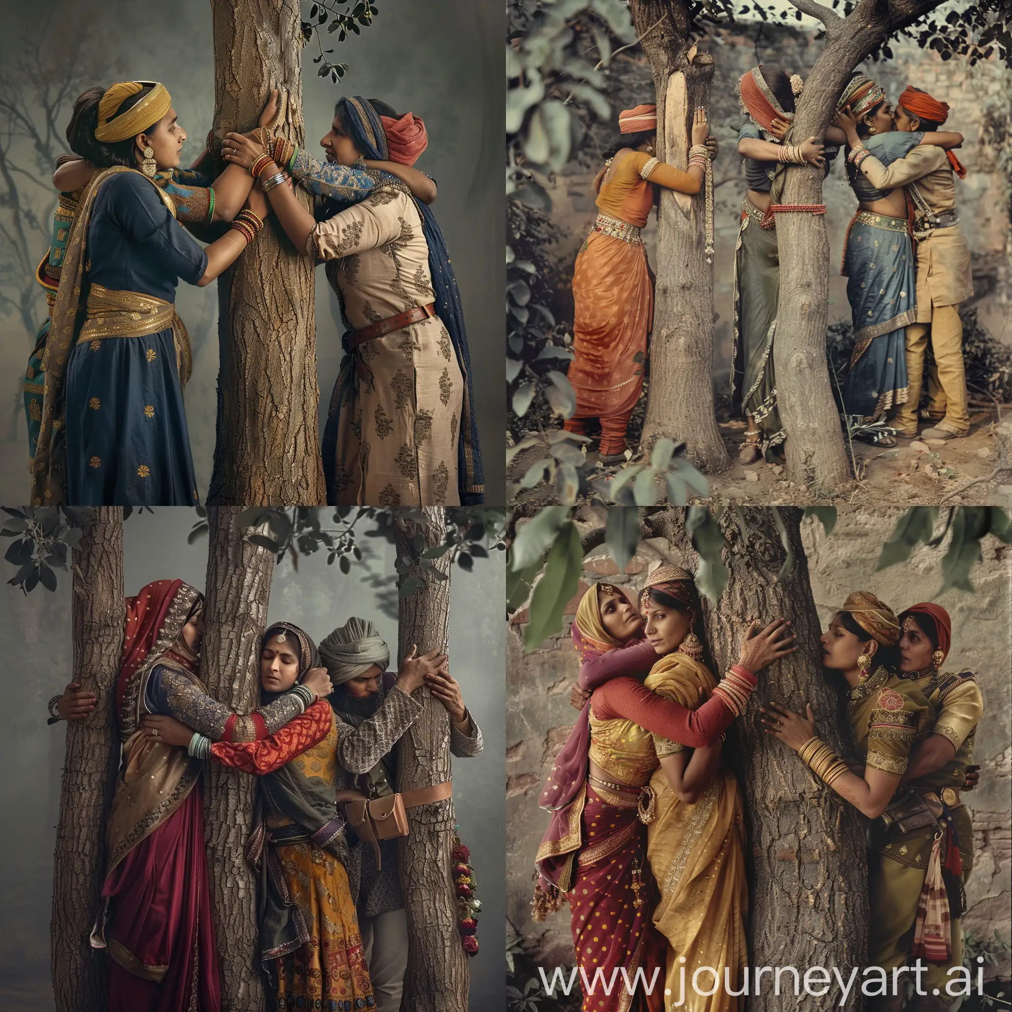 Year is 1800. Imagine three rajasthani women hugging three different trees to protect it from woodcutters. Woodcutters are wearing rajput soldier uniform.