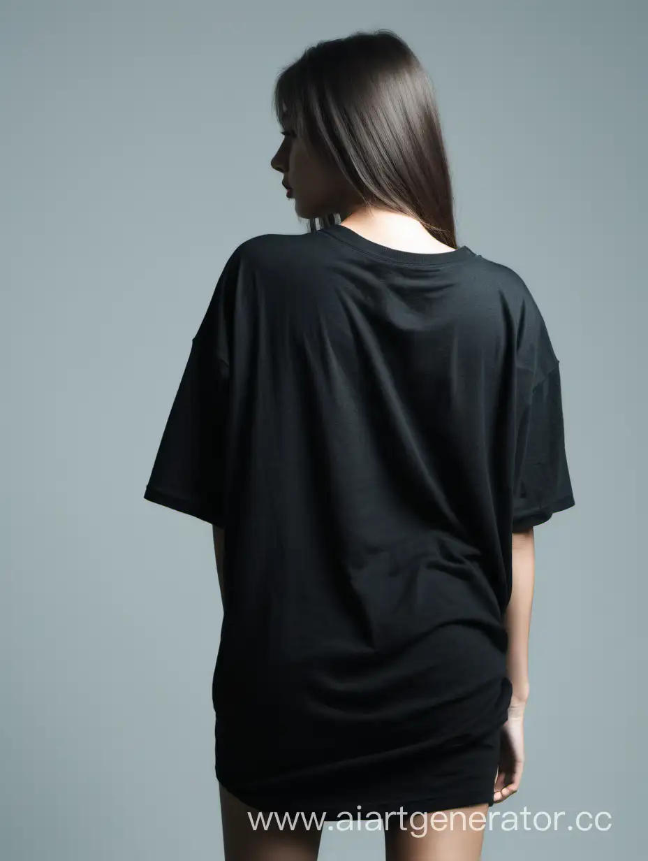 девушка стоит спиной в черной оверсайз футболке