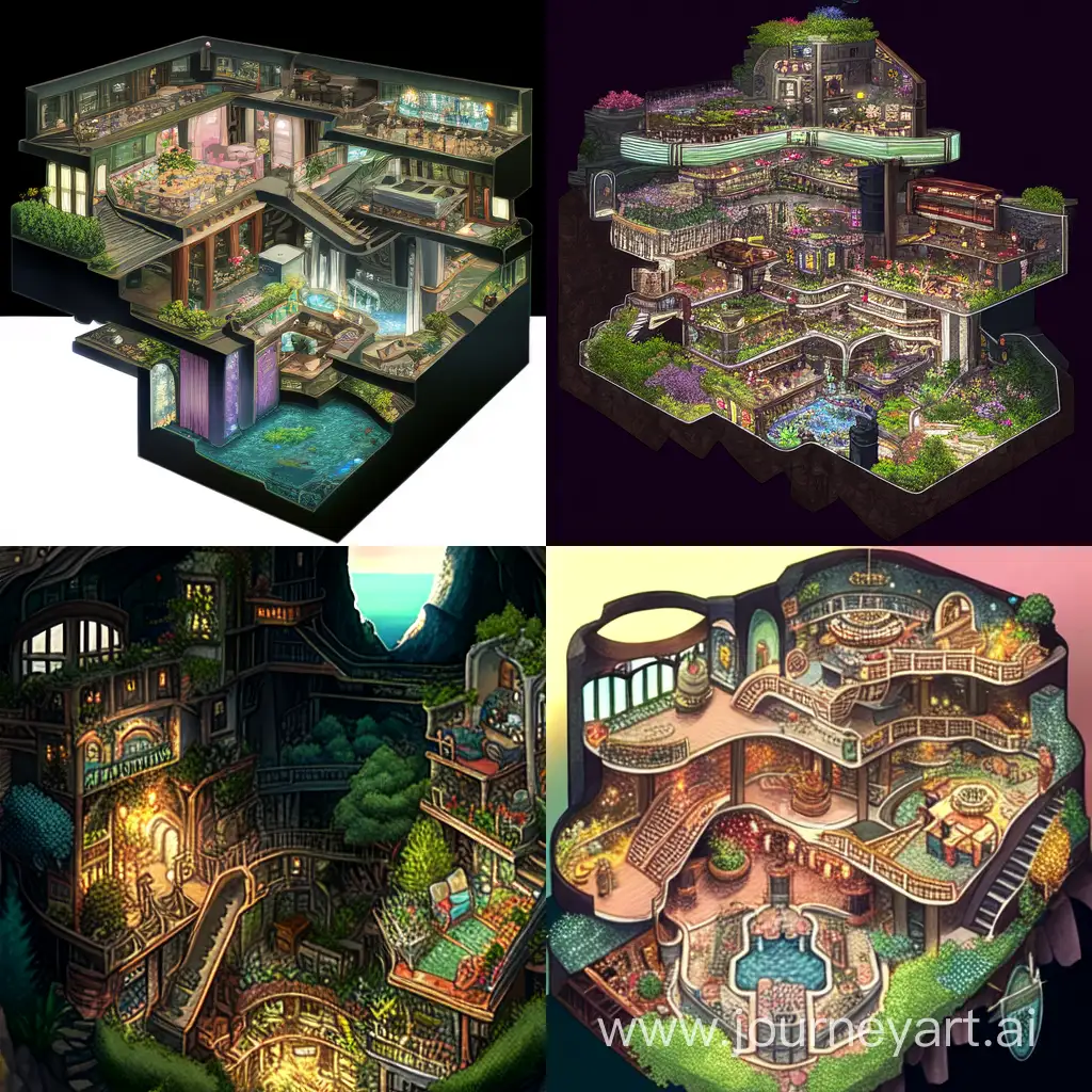 A cutaway view of a luxurious underground dwelling with over 100 rooms spanning 20 levels; include indoor gardening, kitchen, dining areas, entertainment areas, mysterious laboratories, and recreational facilities.
