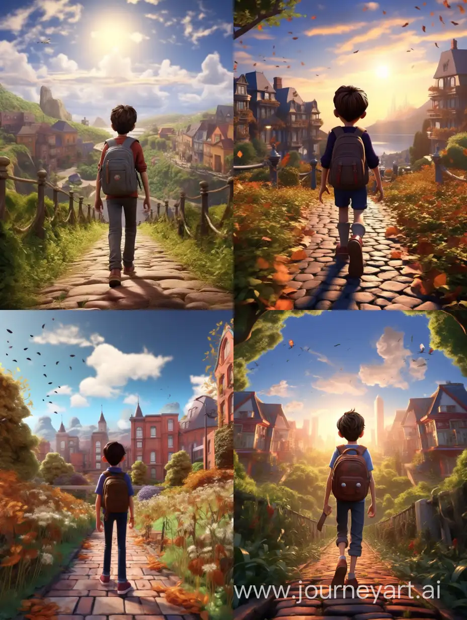Boy-Walking-Along-Path-near-PixarStyle-School-in-3D-Animation