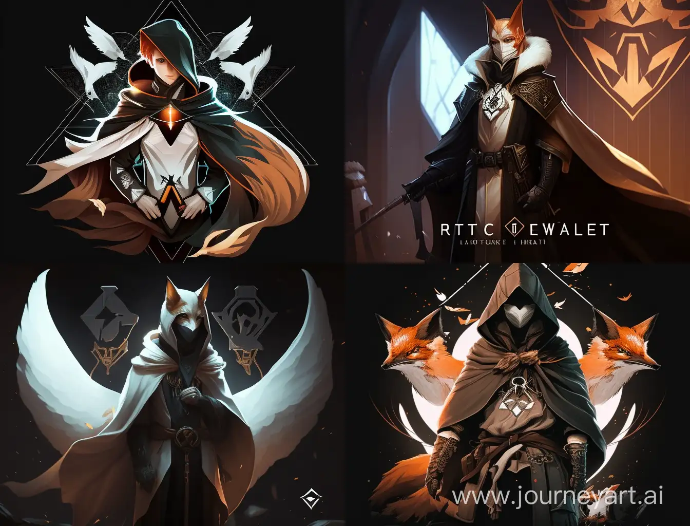 "Illustrate a male AI character wearing a white shirt and a knee-length black cloak, adorned with a fox symbol and a triangle as the logo for an esports team."