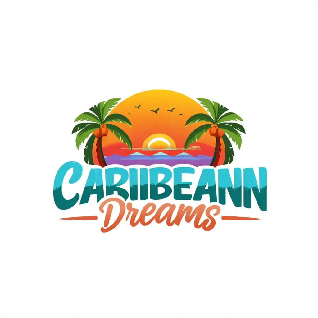 a logo design,with the text "caribbean dreams", main symbol:palm tree, island, sunrise,Moderate,be used in Travel industry,clear background