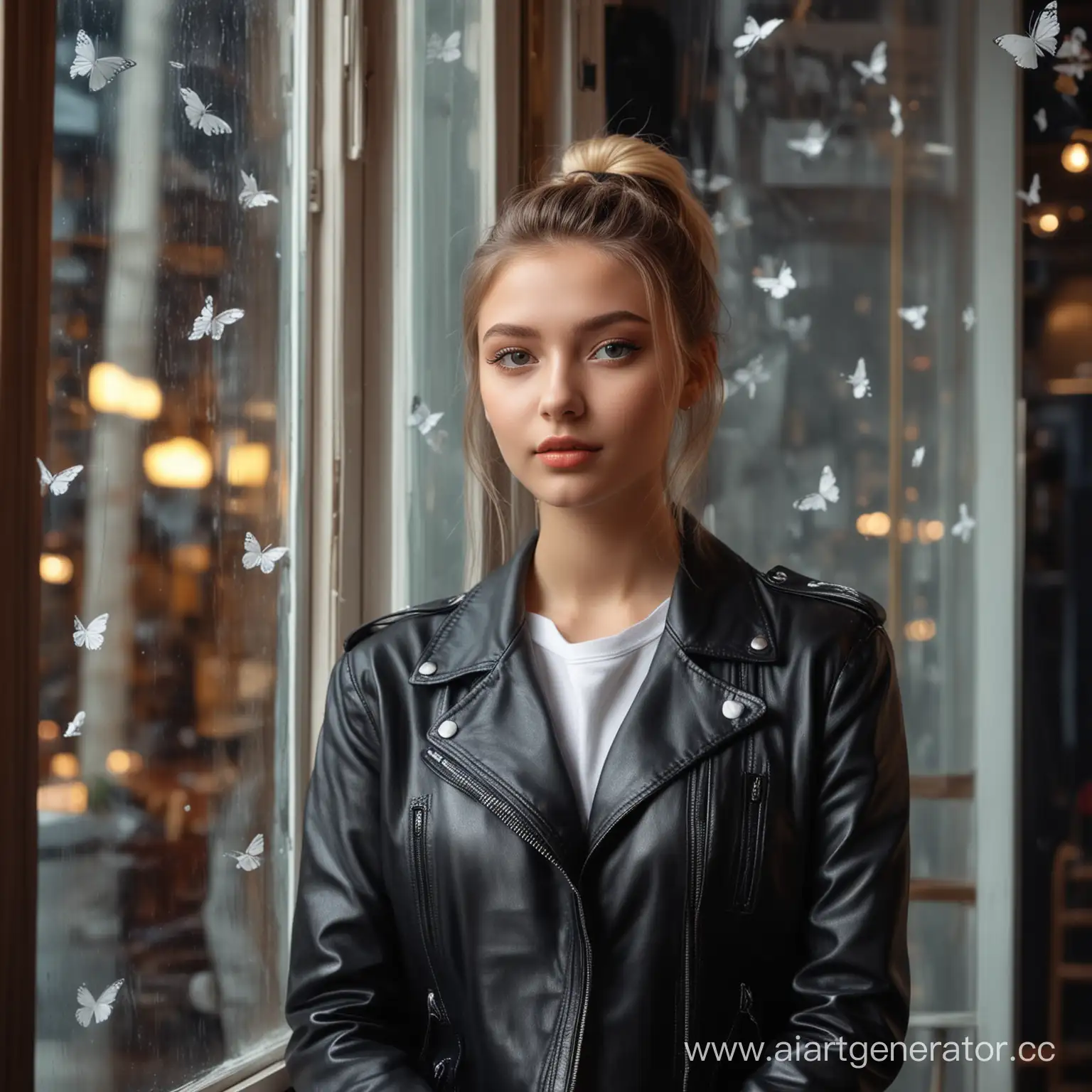 A very beautiful girl of 16 years old, dressed in a leather jacket in the style of the nineties, very bright makeup and hairstyle of the nineties. In the night city, he stands at the bright window of a restaurant with white butterflies flying on the window of the showcase