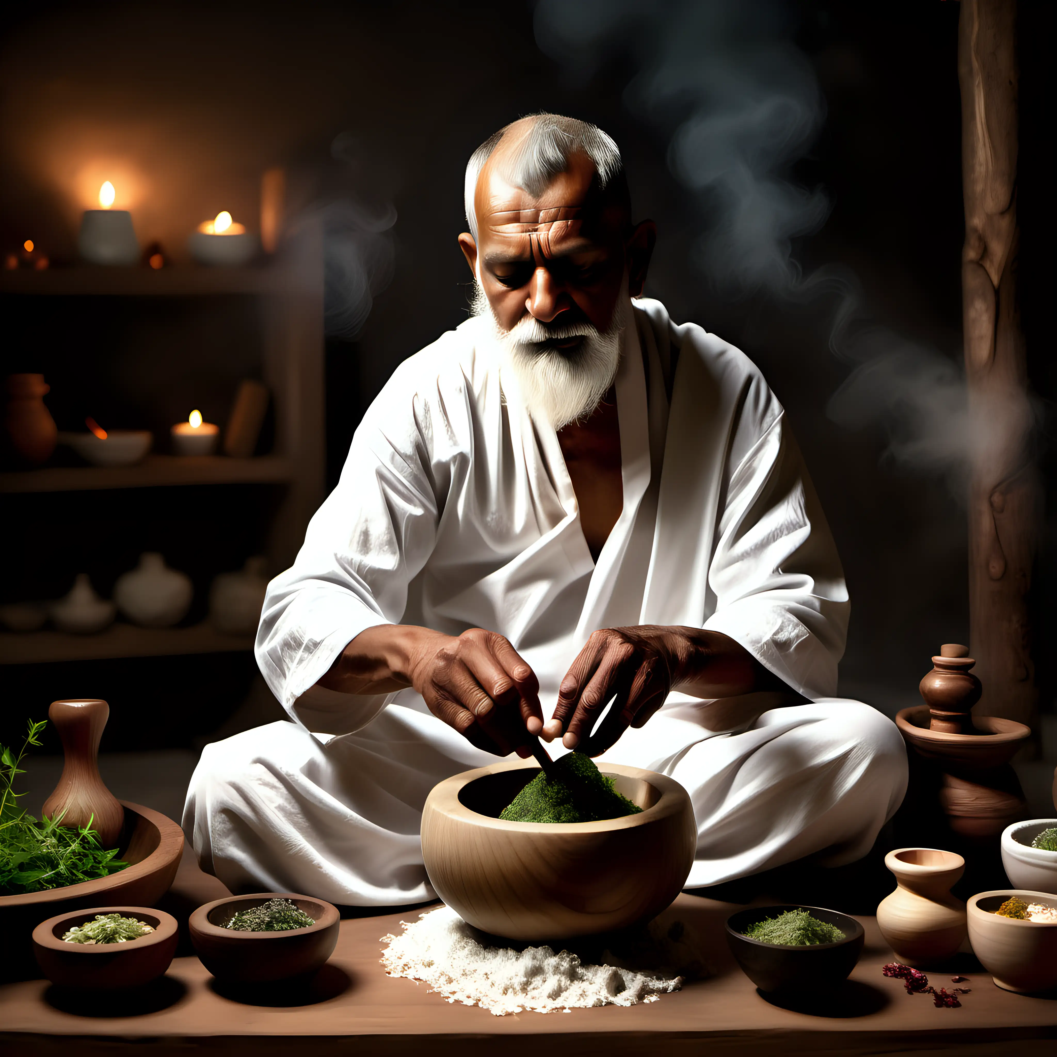 hyperrealistic master shot of a old yogi dressed white, sitting and preparing a ayurvedic medicine by crushing some herbs that are glowing inside a wooden pestle and mortar sitting in a serene ayurvedic setup