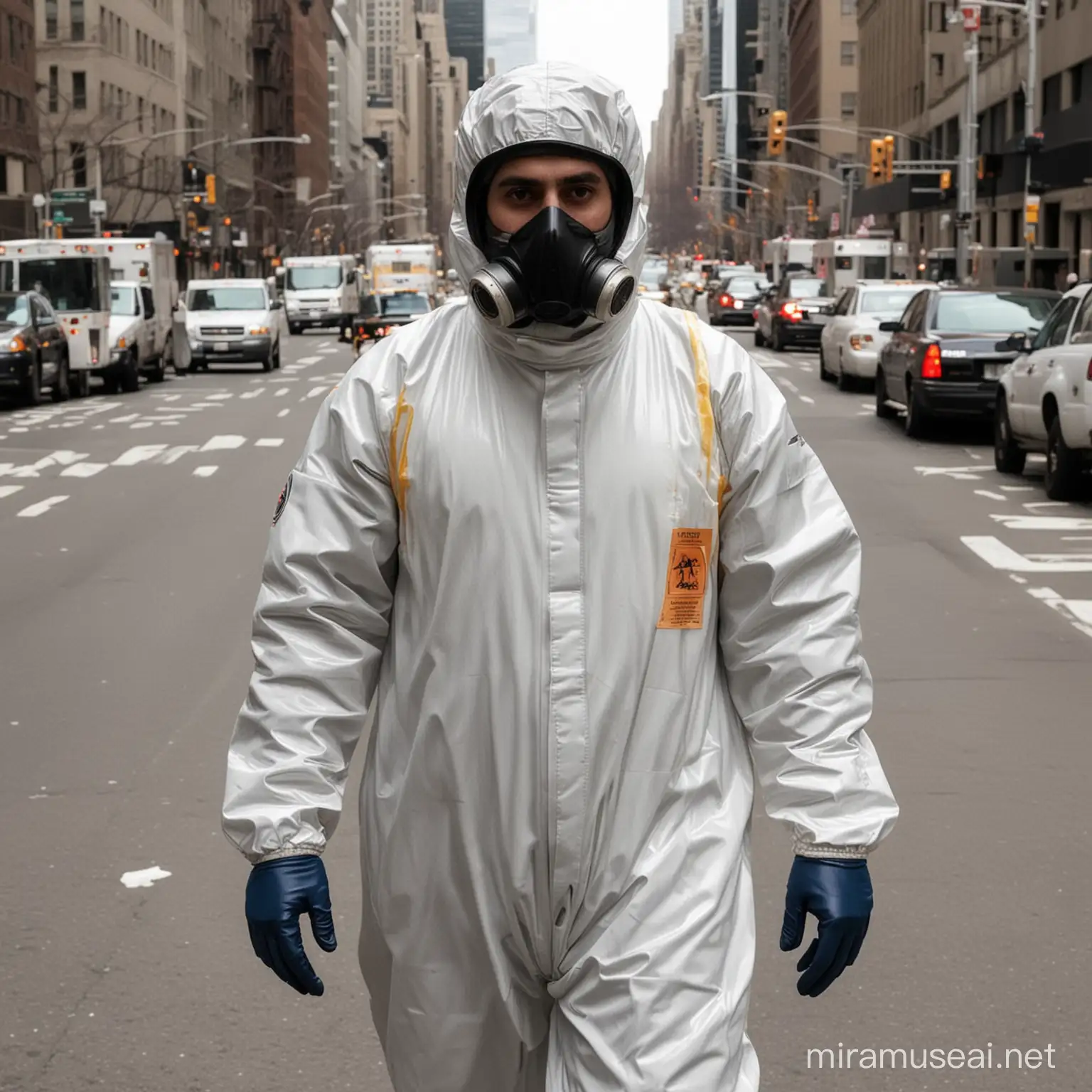 syrian man in hazmat suit in new york