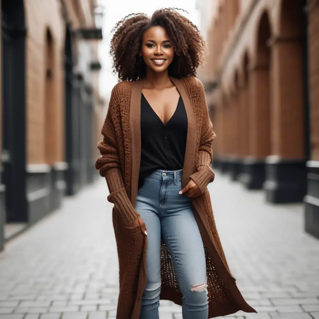 Full Body Gorgeous African woman wavy hair wearing long brown cardigan sweater.with rich male lead
