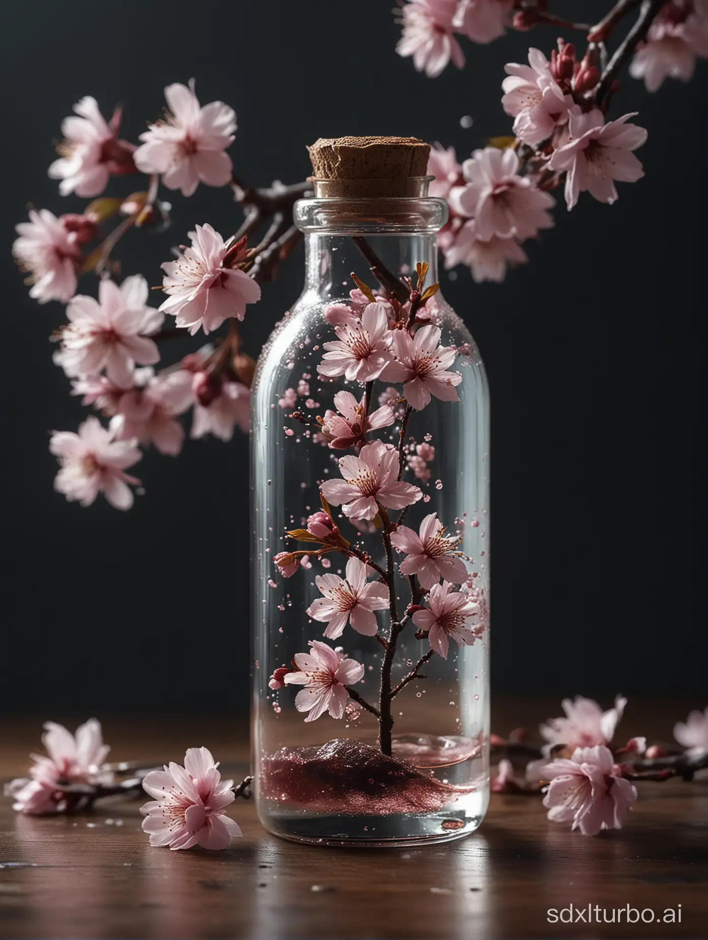 Masterpiece, top quality, super delicate, real, 4K, 8K, cherry blossoms in a bottle, fluffy, realistic, atmospheric light refraction, photographed by Lee Jeffries, Nikon D850 film stock photo 4 Kodak Portra 400 camera f1.6 lens, rich colors, ultra realistic textures, dramatic lighting, Unreal Engine trend on ArtStation Cinestill 800, style glass