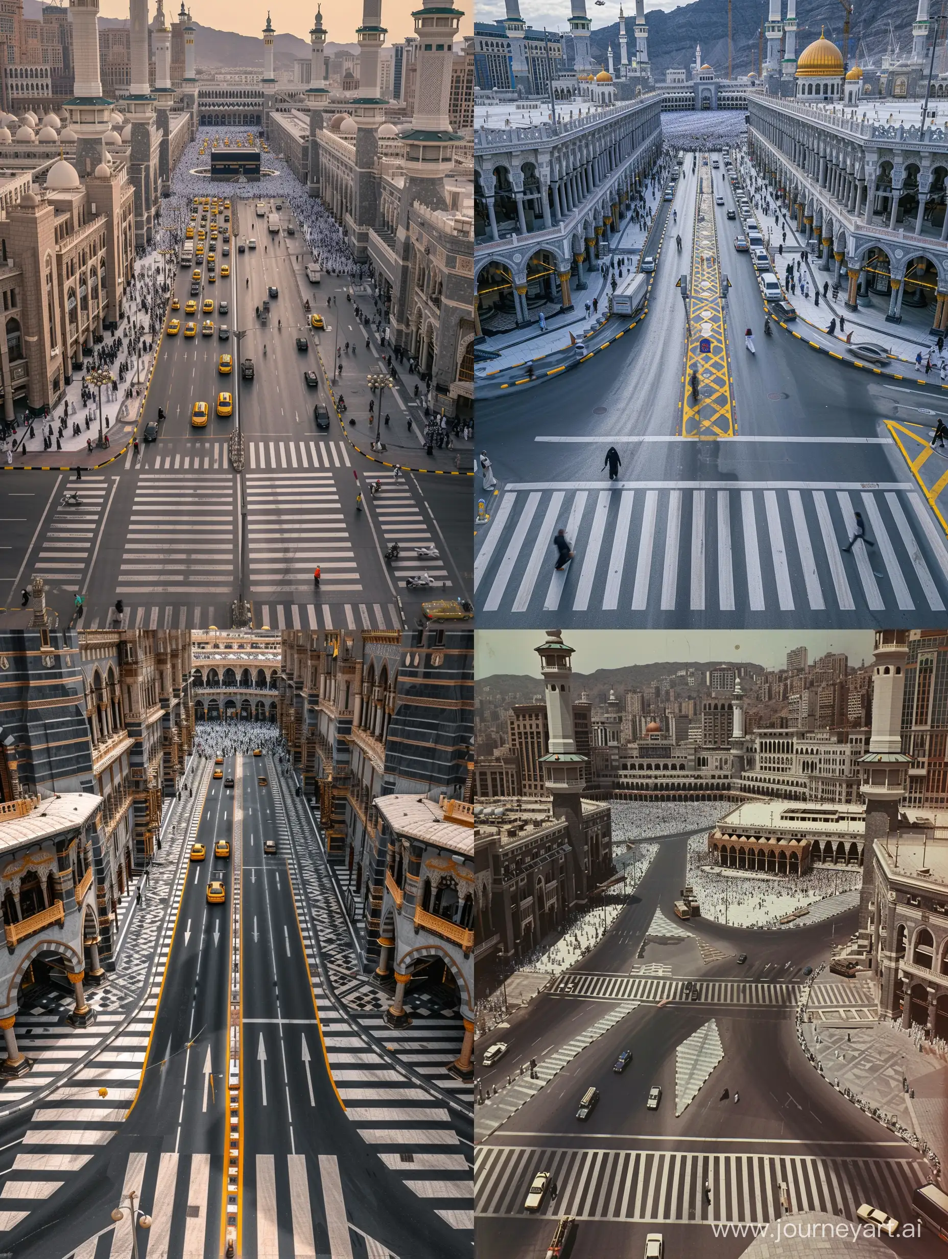 a NYC style crosswalk at intersection of two traffic streets in great mosque of mecca, Full of many Mecca grand mosques having Masjid al Haram exterior lined along the streets, Masjid al Haram facades, upper view --v 6