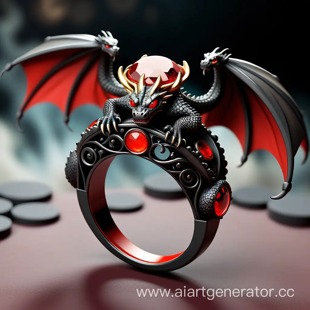 Кольцо красного цвета с летящим драконом наверху и черными маленькими элементами - это настоящая воплощение силы и магии.

