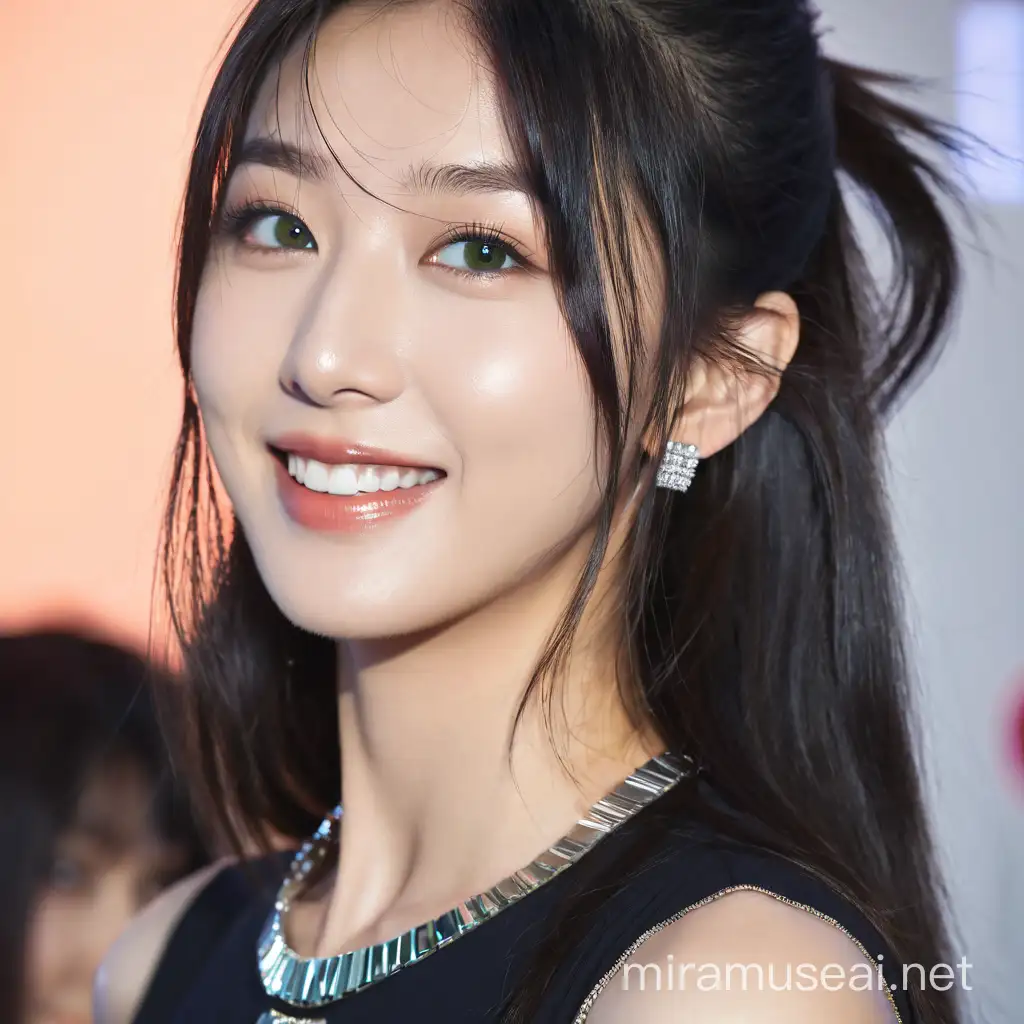  Kpop Idol, best quality, expressive eyes, perfect face, asian, french, green eyes, actress, dancing girl, white skin, glamor, slender, seductive smile, straight hair, swept bangs, long hair, black hair, front view, square jaw