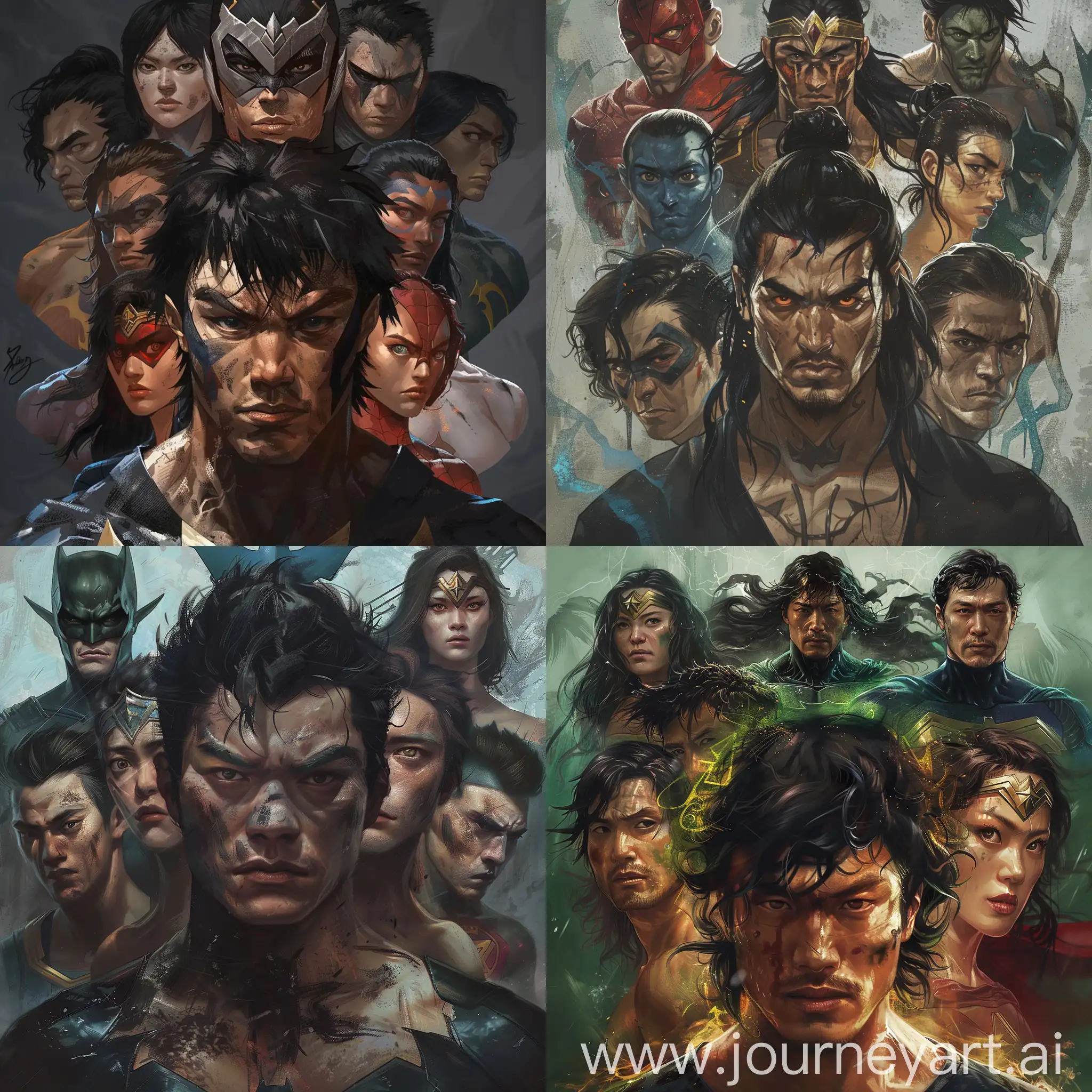 Create an image showing Fang Yuan's defiance as he challenges the major justice factions. Fang Yuan, with his dark complexion and untamed black hair, faces off against a diverse group of opponents. Each opponent should be depicted with unique features and expressions, reflecting the varied nature of the justice factions he opposes.