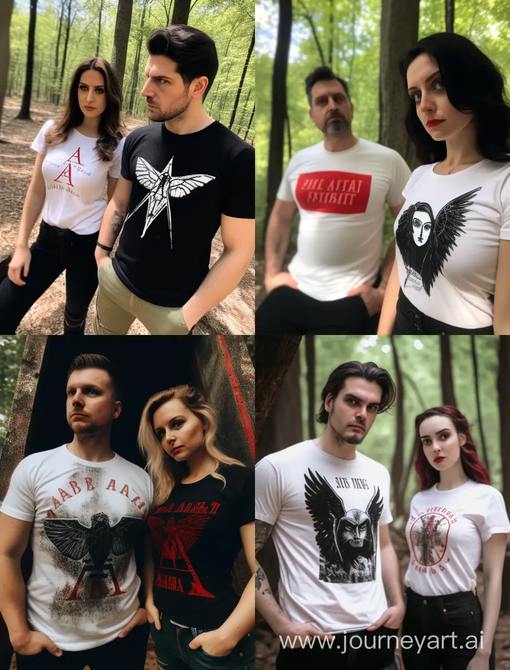 A man wearing a white and black t-shirt with the letter a written on it and a girl wearing a white and black t-shirt with a letter written on it are now in a world of stories and horror and many wings and red eyes in a forest and a star