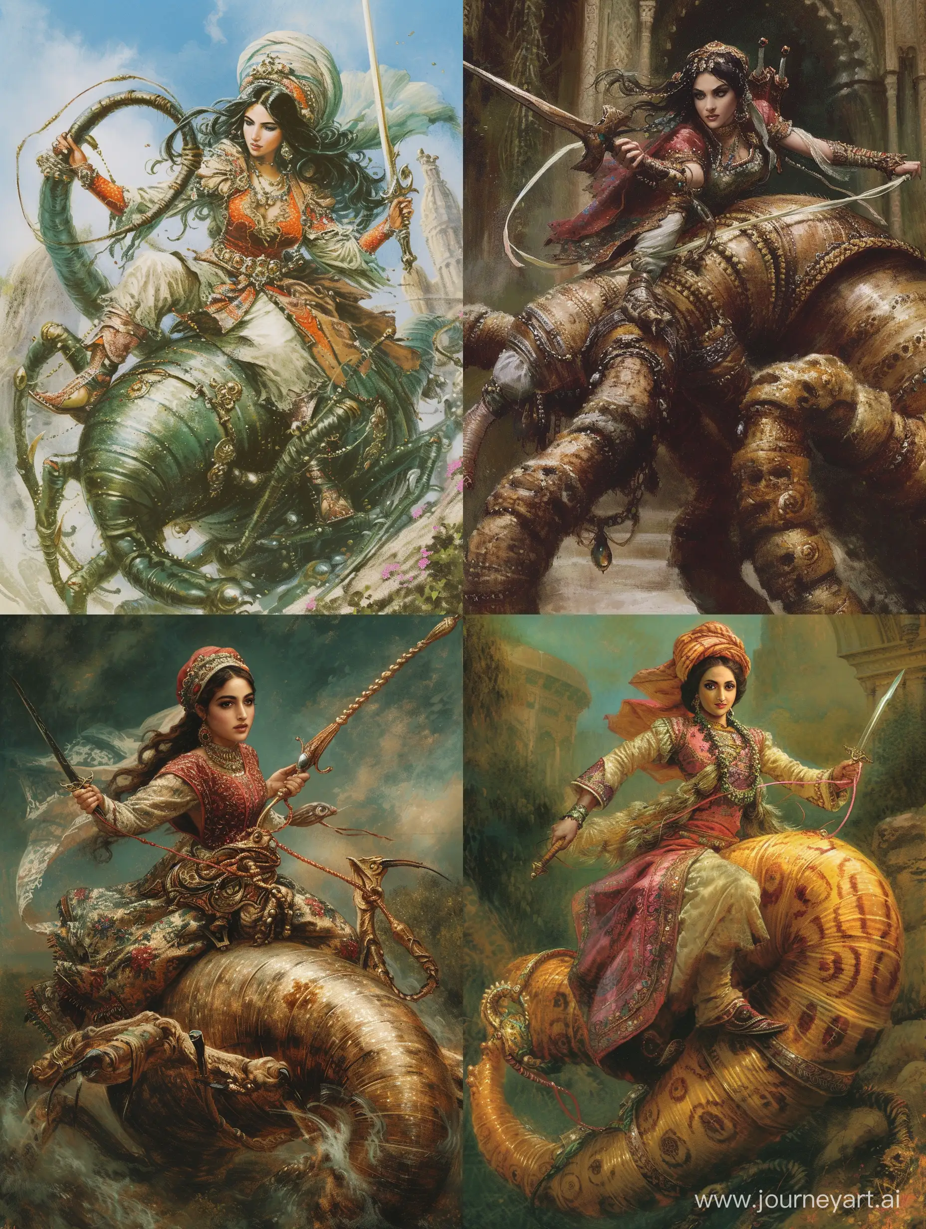 The beautiful Persian princess who rides the worm is riding on the back of a giant silkworm and is holding the reins of the worm with one hand and a sword with the other hand.