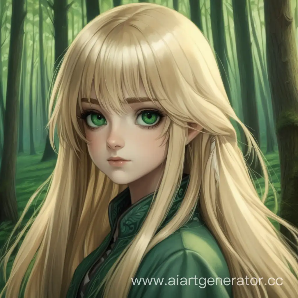 блонд
длинные волосы
тёмные зелёные глаза
на фоне леса
