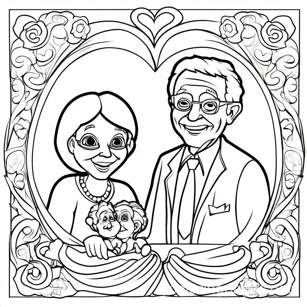 Gift Form elderly man to 50 th old woman in the valentine day 14 Feb,2024, Coloring Page, black and white, line art, white background, Simplicity, Ample White Space. The background of the coloring page is plain white to make it easy for young children to color within the lines. The outlines of all the subjects are easy to distinguish, making it simple for kids to color without too much difficulty