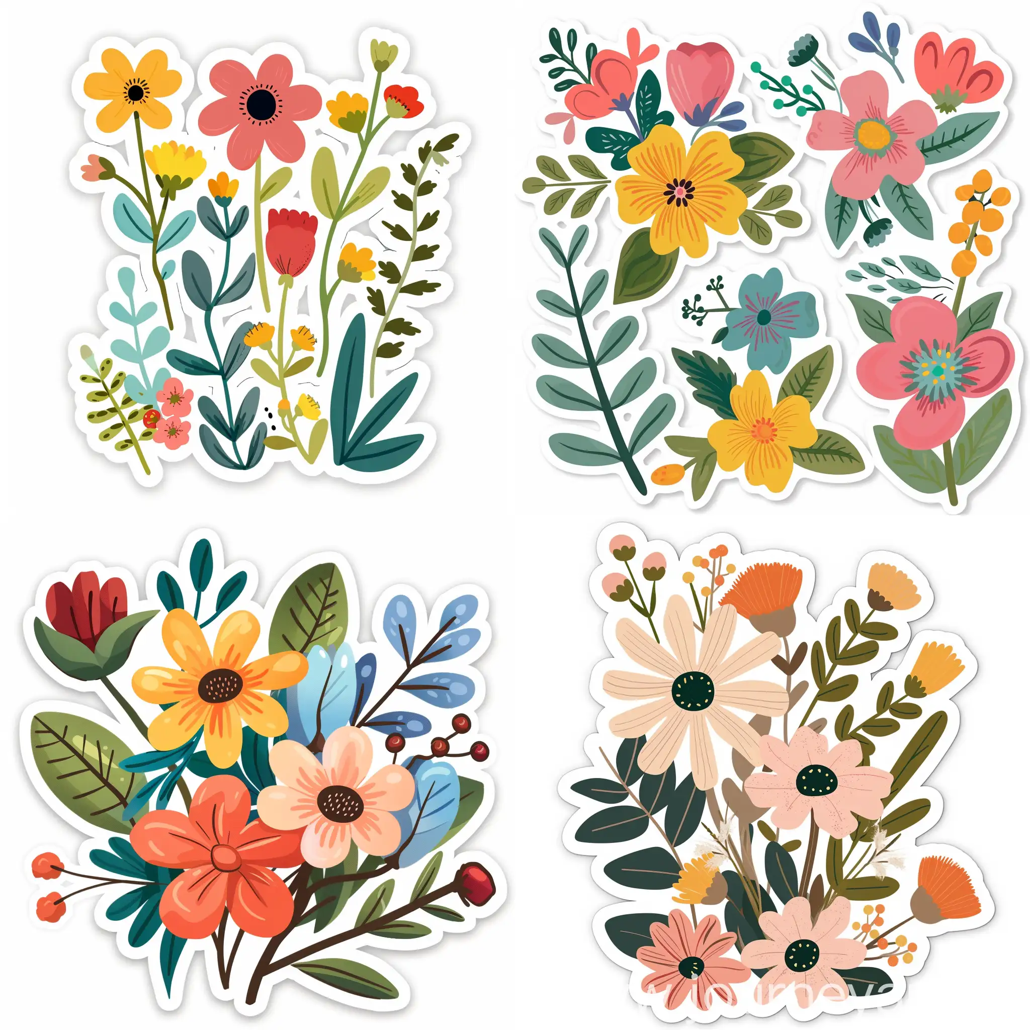 sticker design of simple flowers, in flat style, high quality details, 