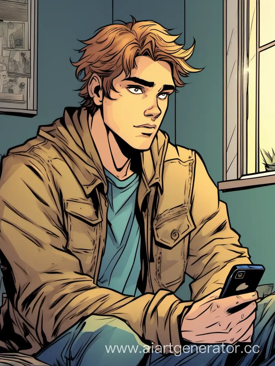 картинка в стиле комикса: парень со светло русыми волосами, светлой кожей и глазами болотного цвета, сидит в своей комнате и держит телефон в руках