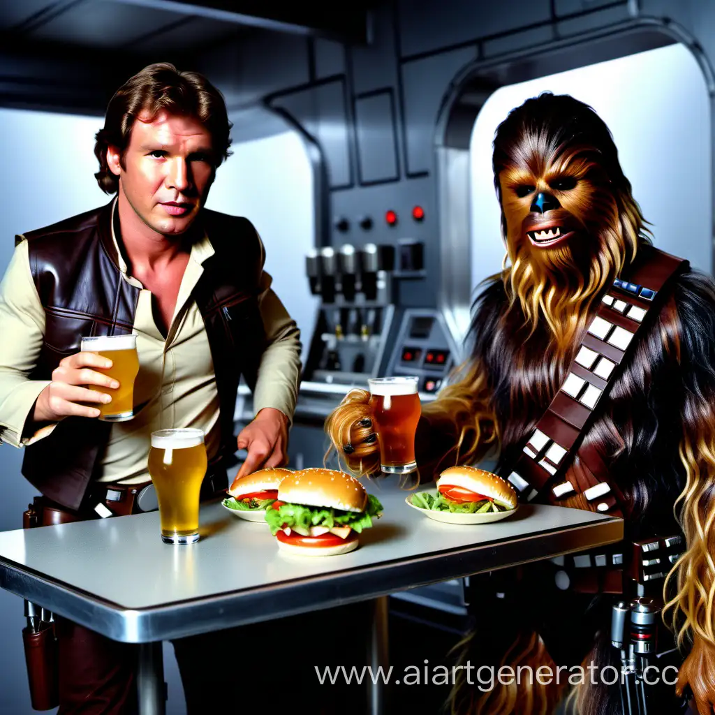 Han Solo and Chewbacca having hamburgers and beer