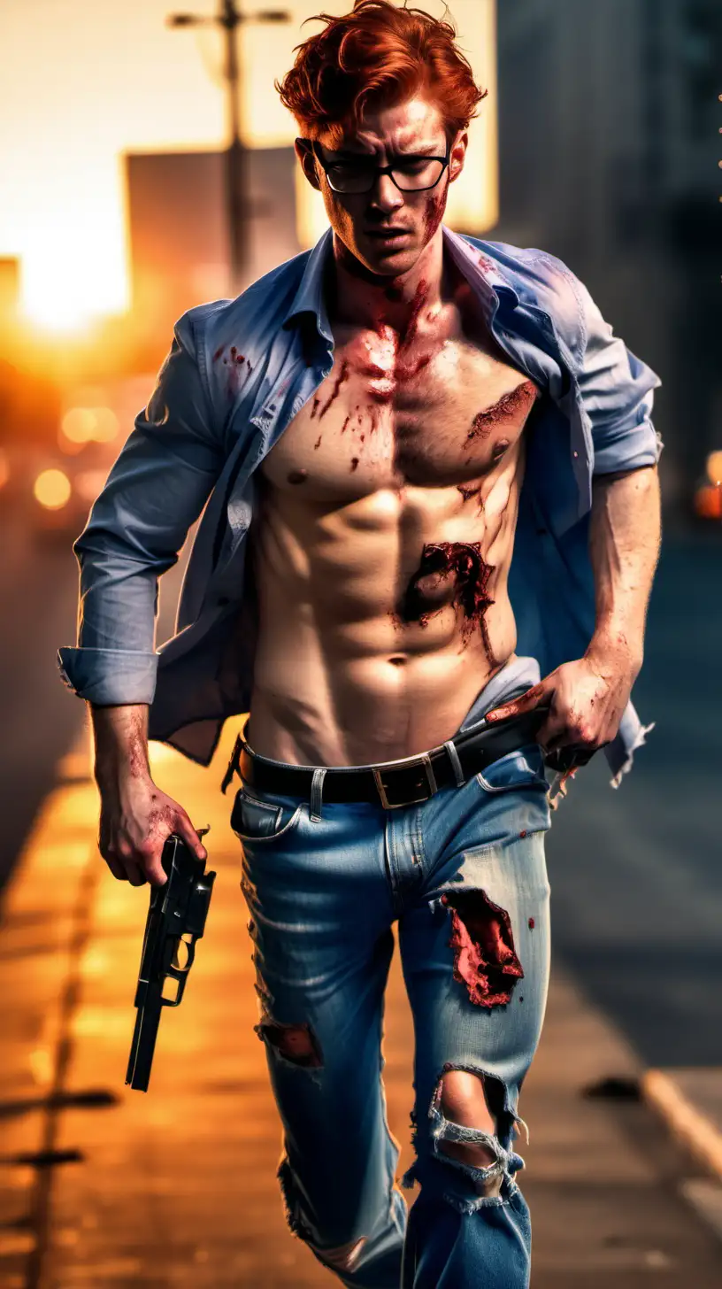 Handsome detective, redhead, glasses, 5 o'clock shadow, shirtless, torn worn out jeans, injured, bleeding,   show hairy chest, show abs, show legs, muscular, full body shot, sunset, holding a pistol, running to rescue the viewer