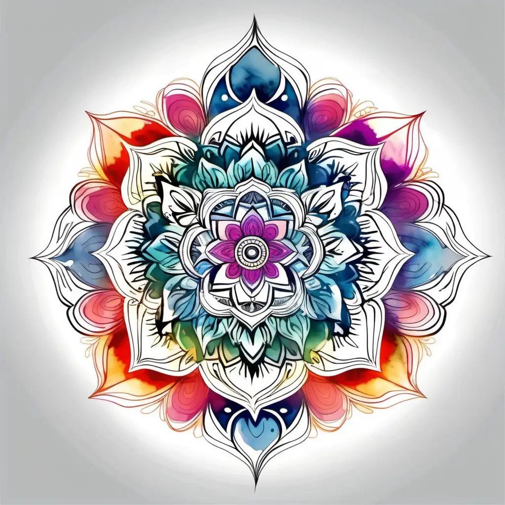 Mandala centred in the middle of the image.

Style: Water Colour.
Mood: Inspiring and colourful.

T -shirt design graphic, vector, contour, white background.