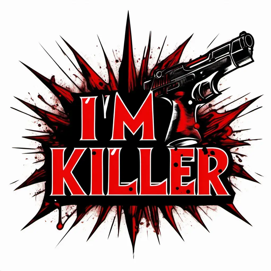 Надпись "Я киллер" на русском красного цвета, с чёрной обводкой пробитая пулей, на белом фоне 