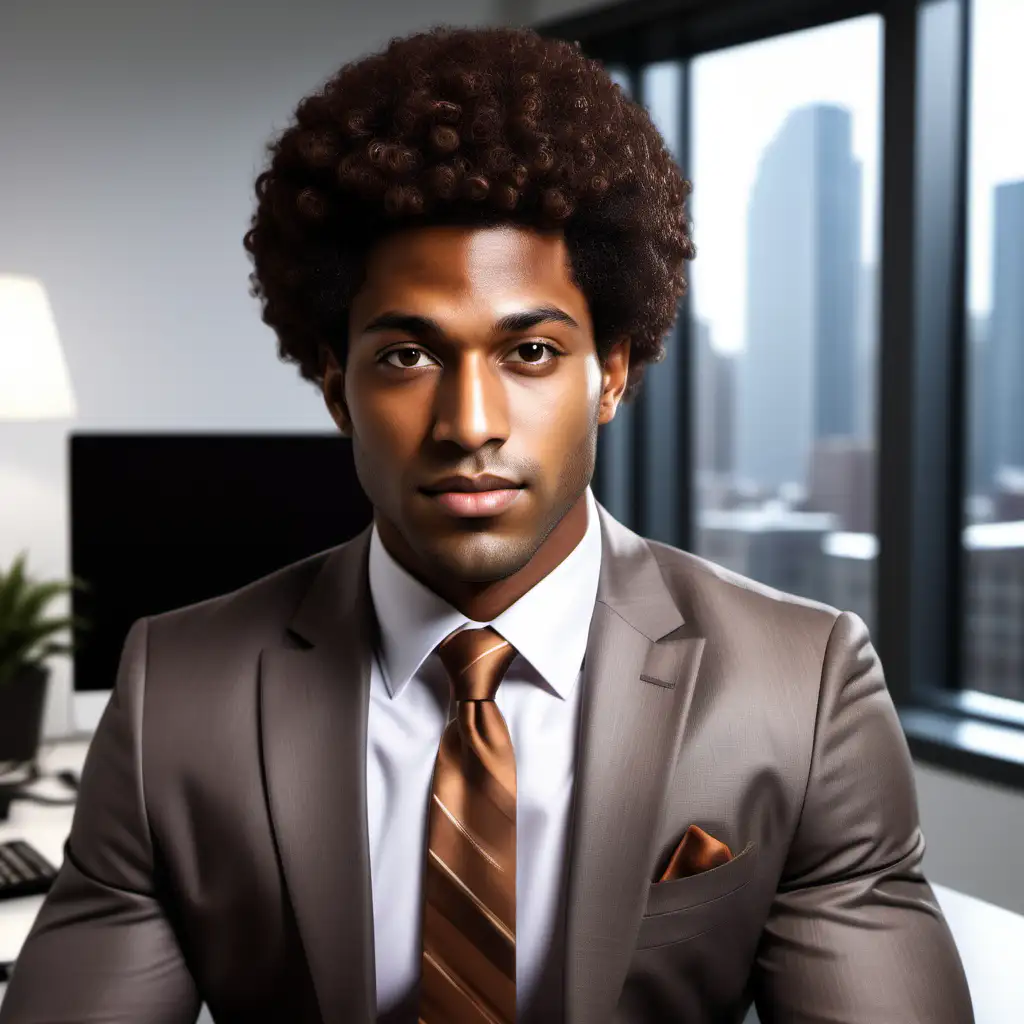 Generate a photorealistic image of a brown skin man  in their late 20s,  low cut Afro  hair,  intense brown eyes, muscular, and dressed in an elegant business suit and tie.. Place this individual in a brightly lit atmospheric office setting. They should exude confidence and charisma while engaging with mortgage contracts on a desk, emphasizing their passion for details  and the bottom line.