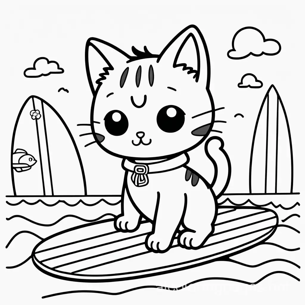 Kawaii-Cat-Surfing-on-Monochromatic-Waves-Coloring-Page