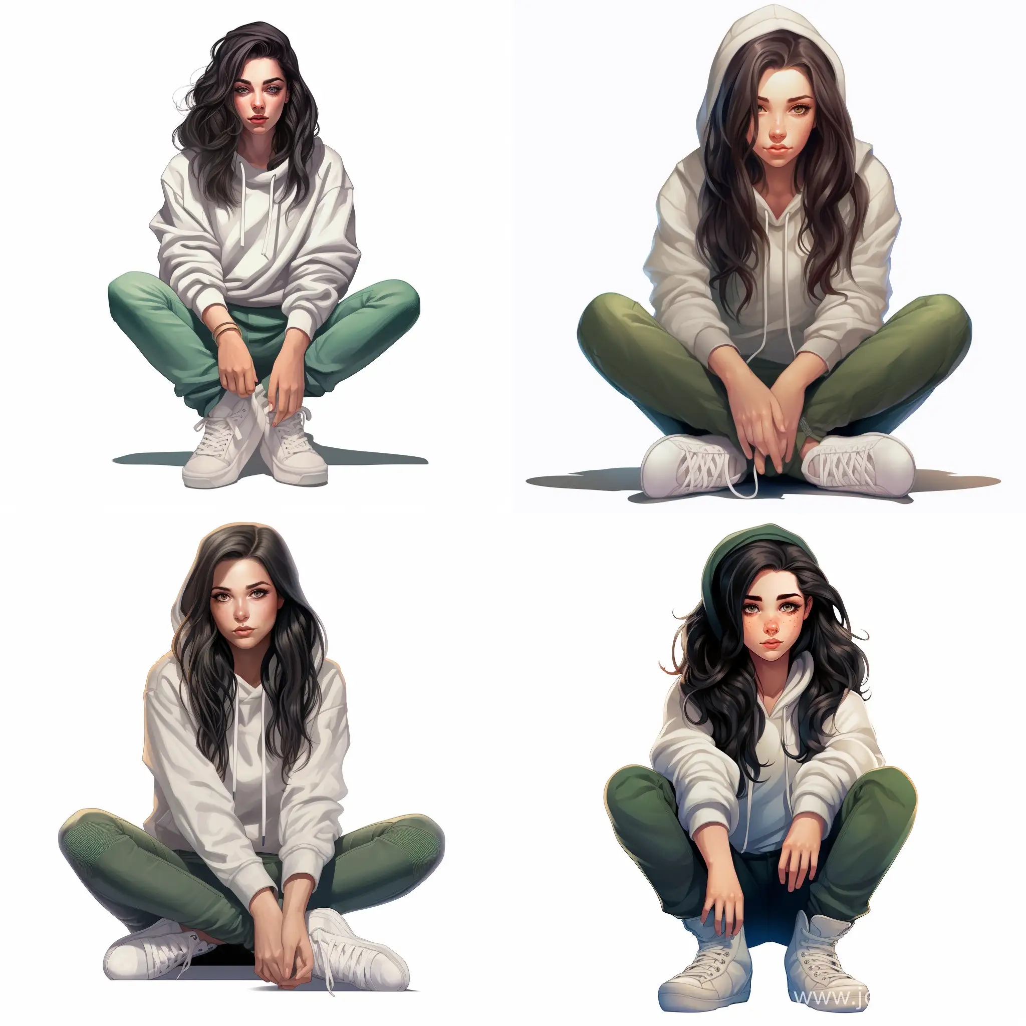 Beautiful girl, straight dark hair, expressive green eyes, snow-white skin, teenager, in hoodie and jeans, sneakers, modern, relaxed, high quality, high detail, cartoon art