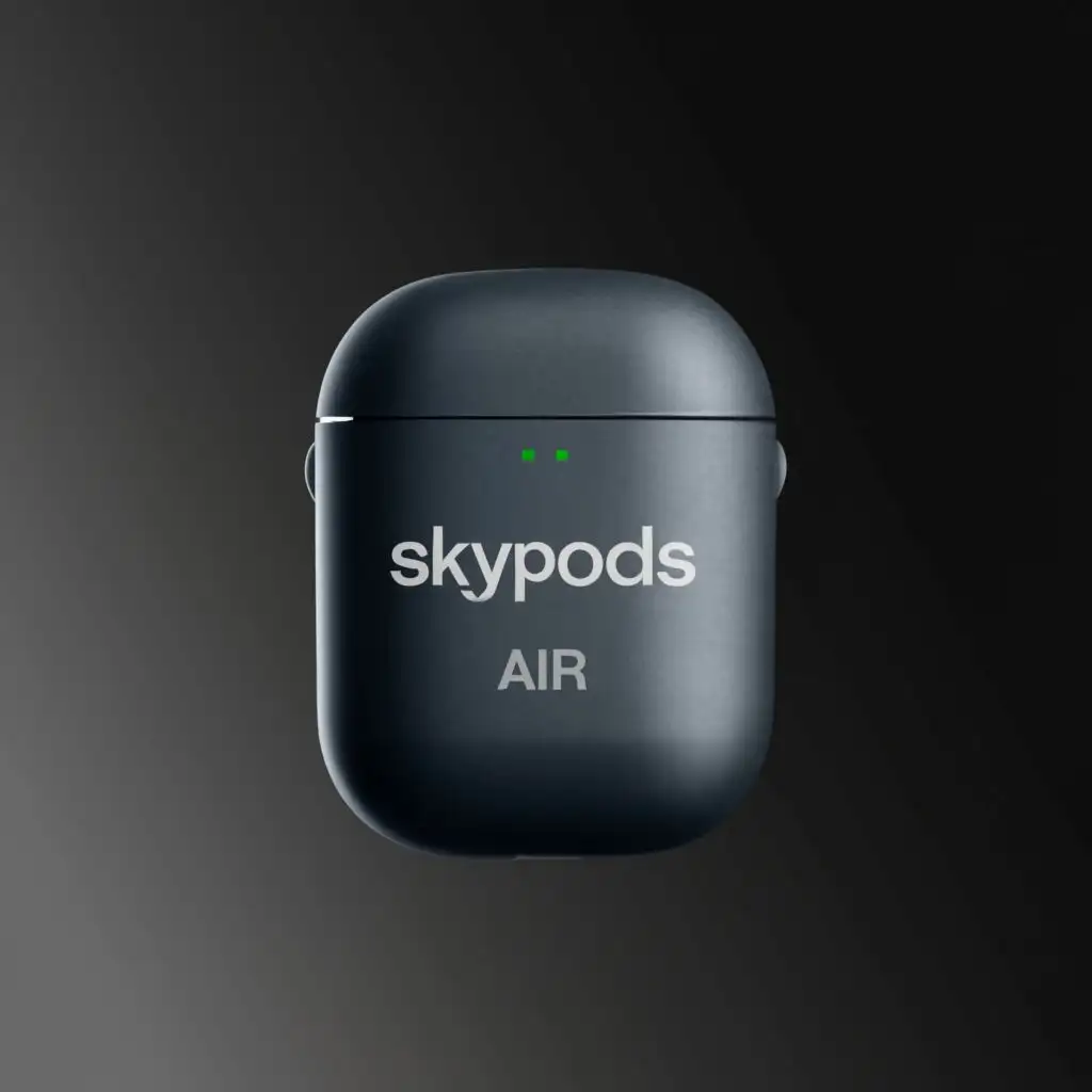 logo, Skypods AirPods: Seamlessly blending comfort and cutting-edge tech for an elevated audio experience. Immerse in crystal-clear sound as the sleek silhouette embodies Skypods' essence – where style meets superior sound. Elevate your auditory journey with Skypods AirPods., with the text "Skypods", typography, be used in Technology industry
