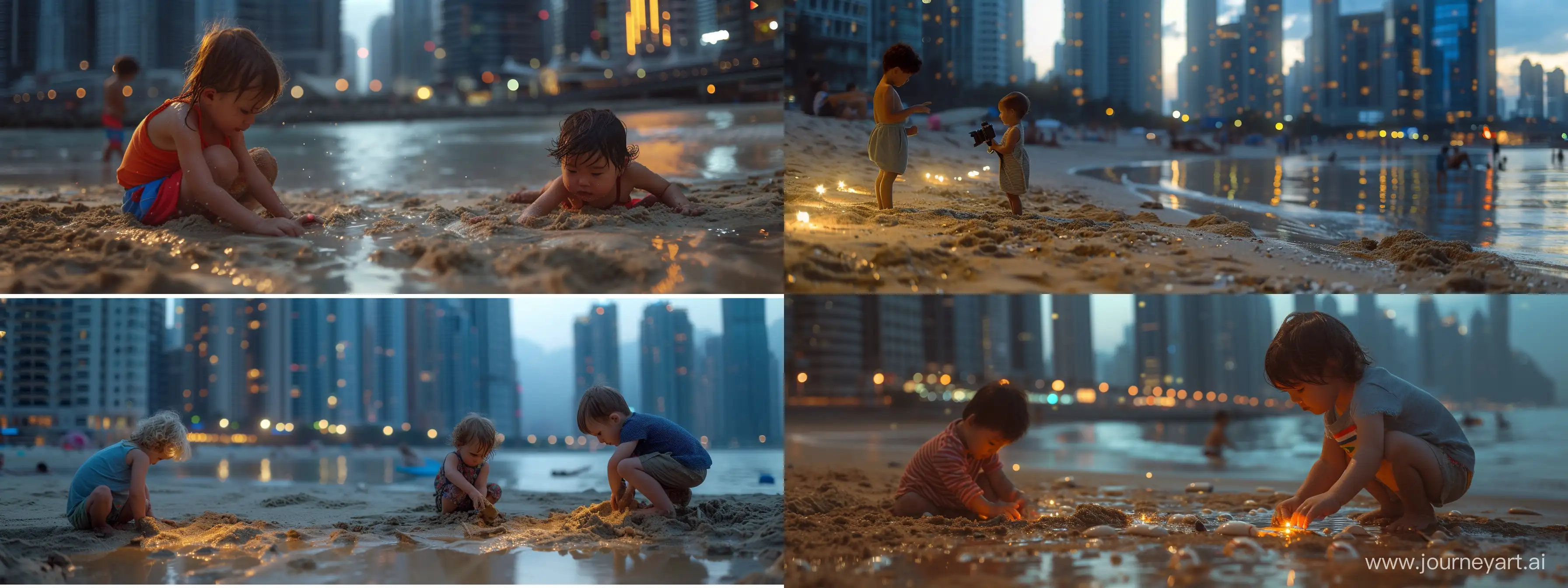 using filming techniques, lighting, lights, reflection and details from the feature film "Piper discovering the world", these techniques have to be used in the sand, in the water, on children, children playing on the beach, a hyper realistic film scene, use a camera Nikon D850 DSLR with 200mm lens with F 1.2 aperture to isolate the subject and add a blurred background of skyscrapers, 4k film, absurd details, --ar 8:3 --v 6.0 --style raw
