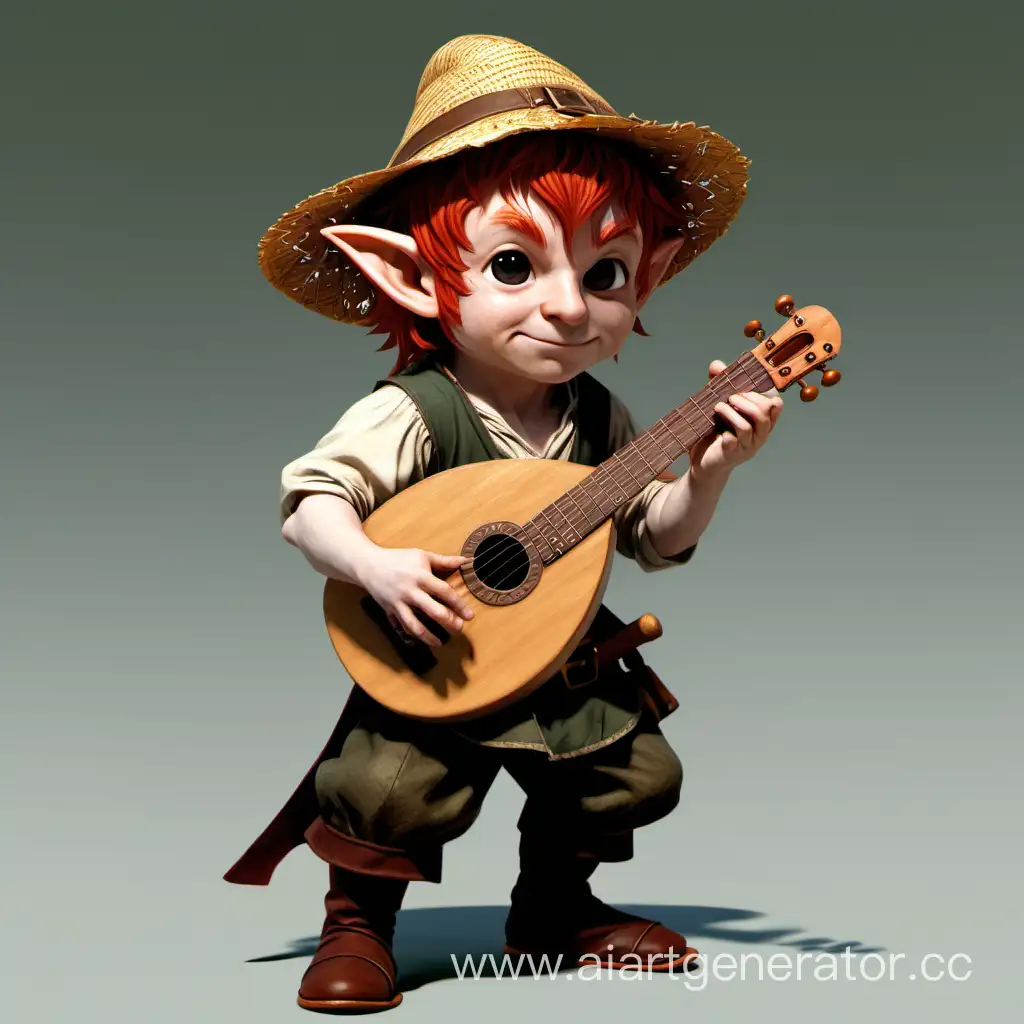adult halfling male, bard, straw hat, lute, red hair