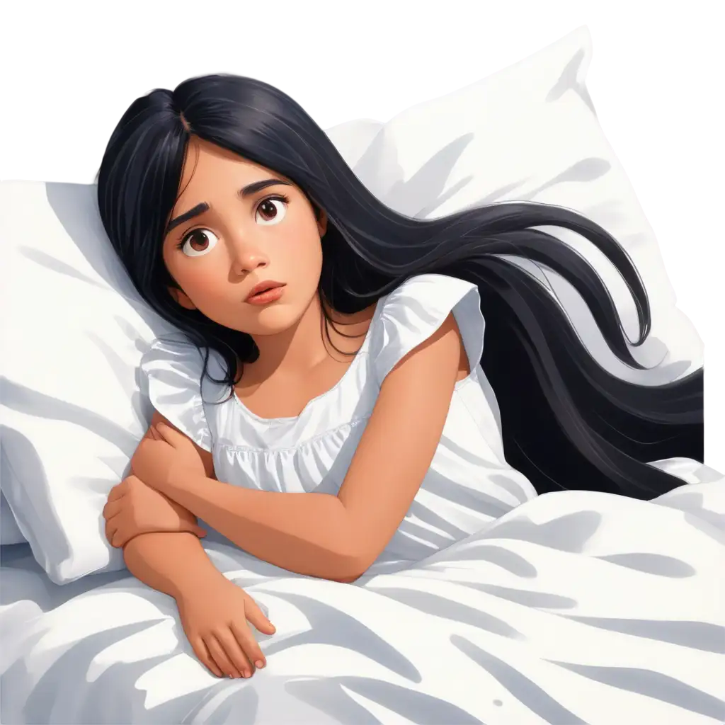 Children's story book illustration, not cartoony or phograph. Little girl with long black hair, big brown eyes falling sleep in bed  with a white nightgown. She is sleep and looks upset because she is having a nightmare.