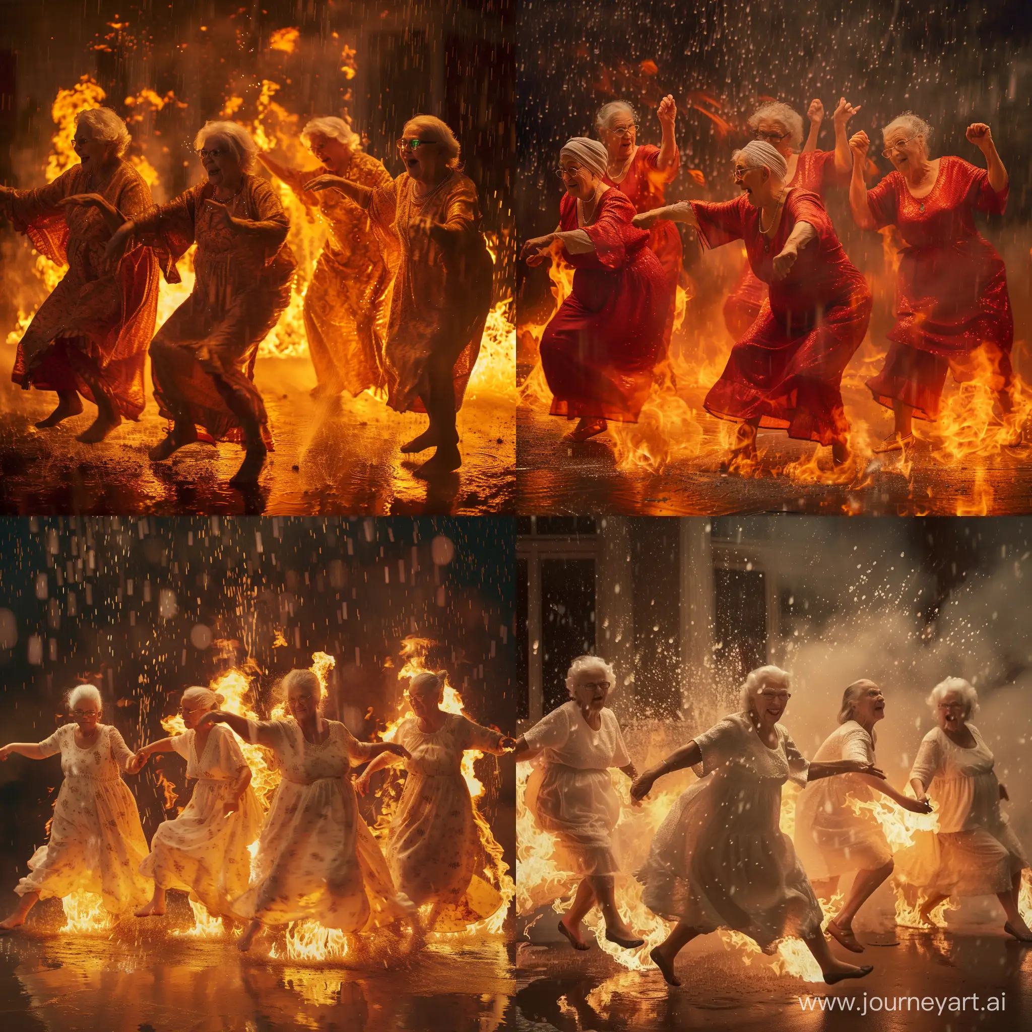 5 grandmas dancing under fire rain, dramatic, action