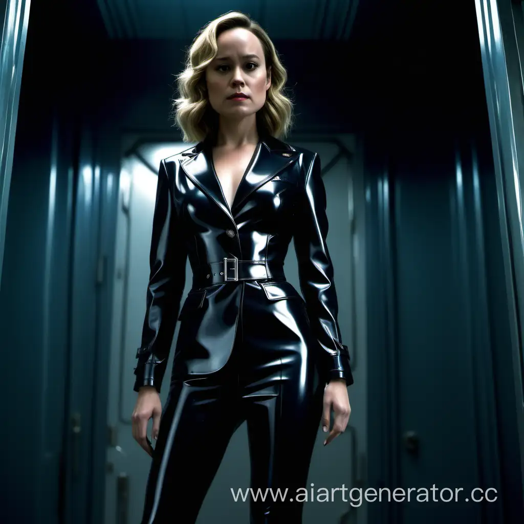 brie larson in a latex futuristic film noir detective horror, full body shot