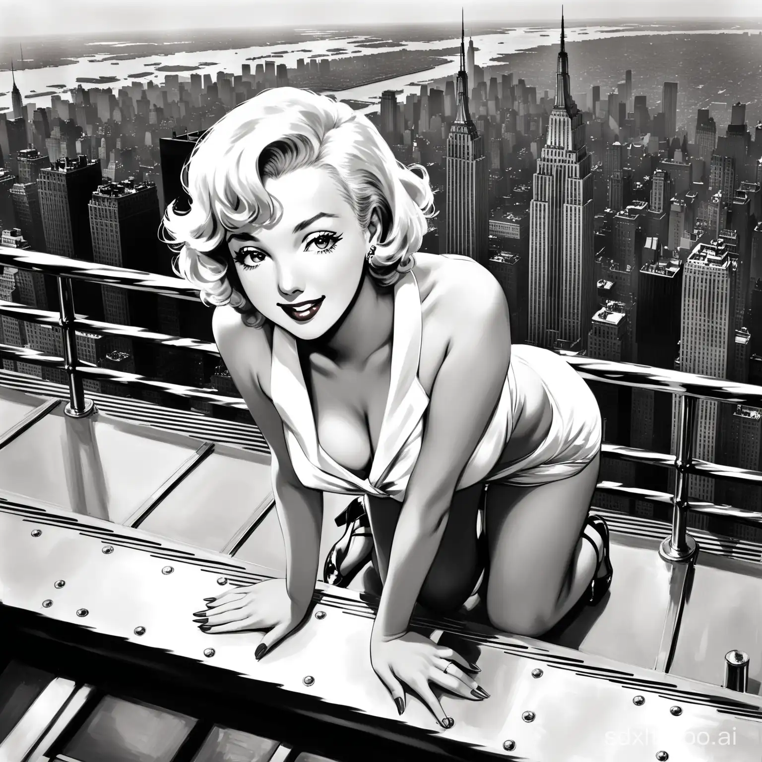 Marilyn Monroe standing on the top observation deck of the Empire State Building. She is in missionary position on the railing