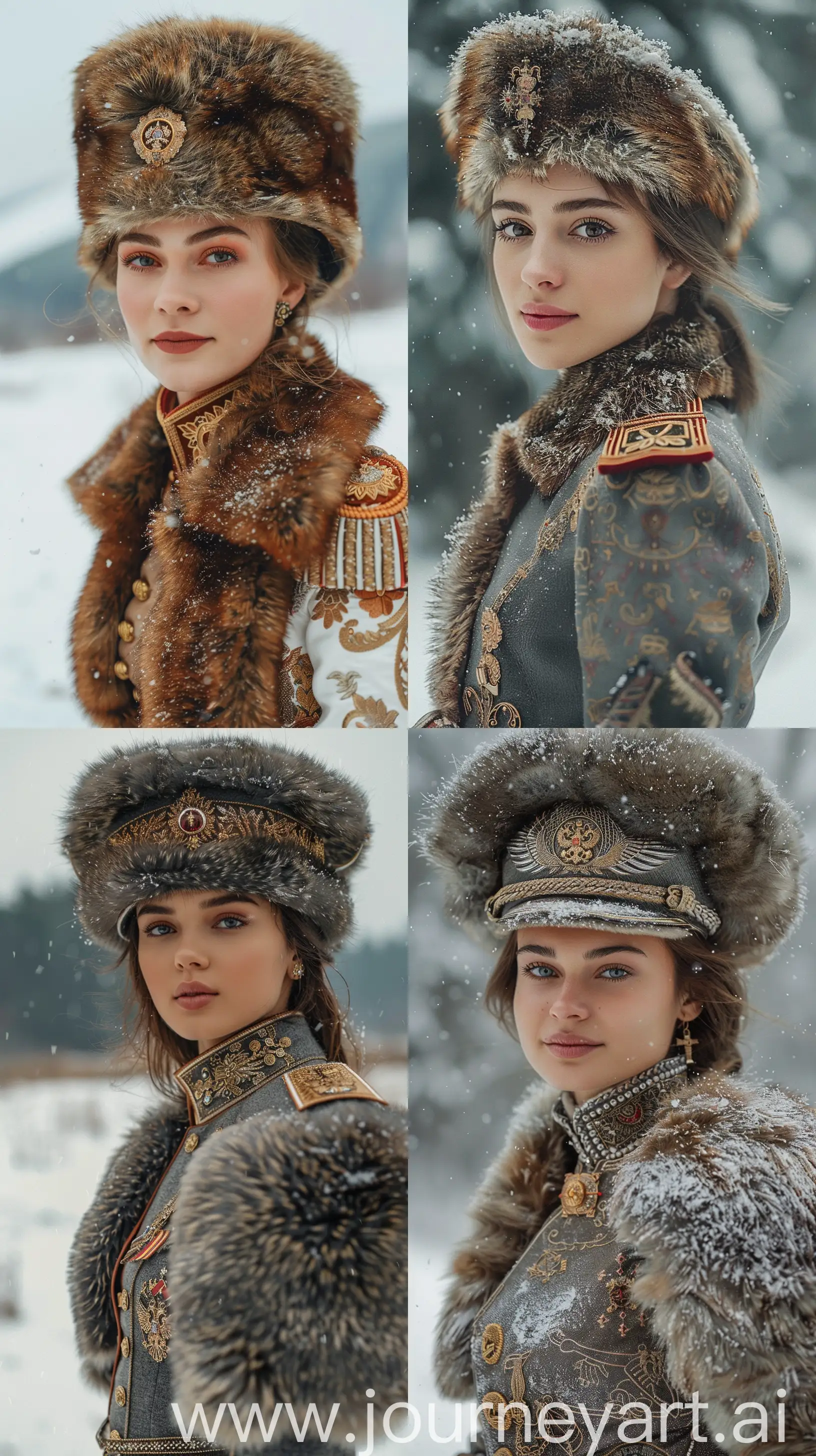 Slavic-Girl-Hussar-of-the-Guards-Regiment-in-Fur-Coat-amid-Ural-Winter