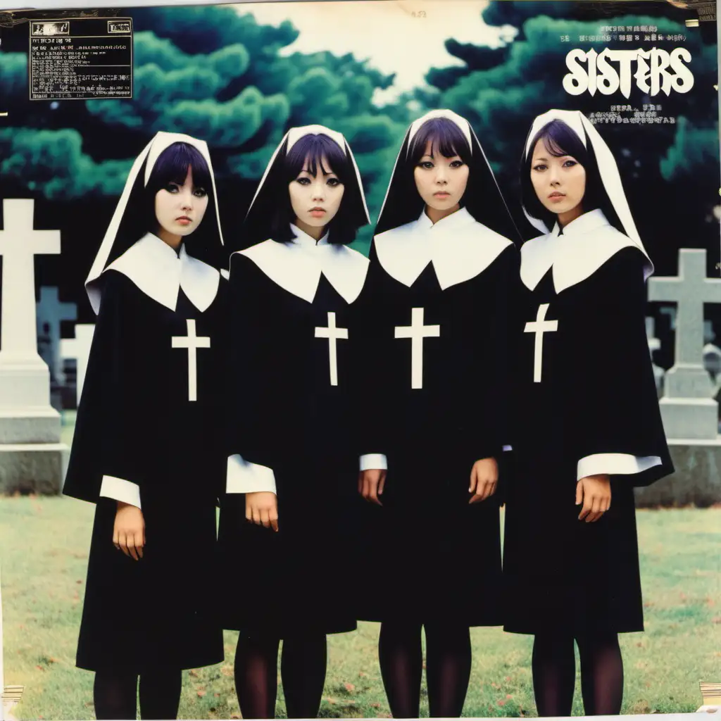 record sleeve for 1970s j-pop group, with a few young adult female Japanese singers standing around in a graveyard, in short nun-style dresses,  Title is “Sisters”. Includes company logo and price markings, slightly worn condition