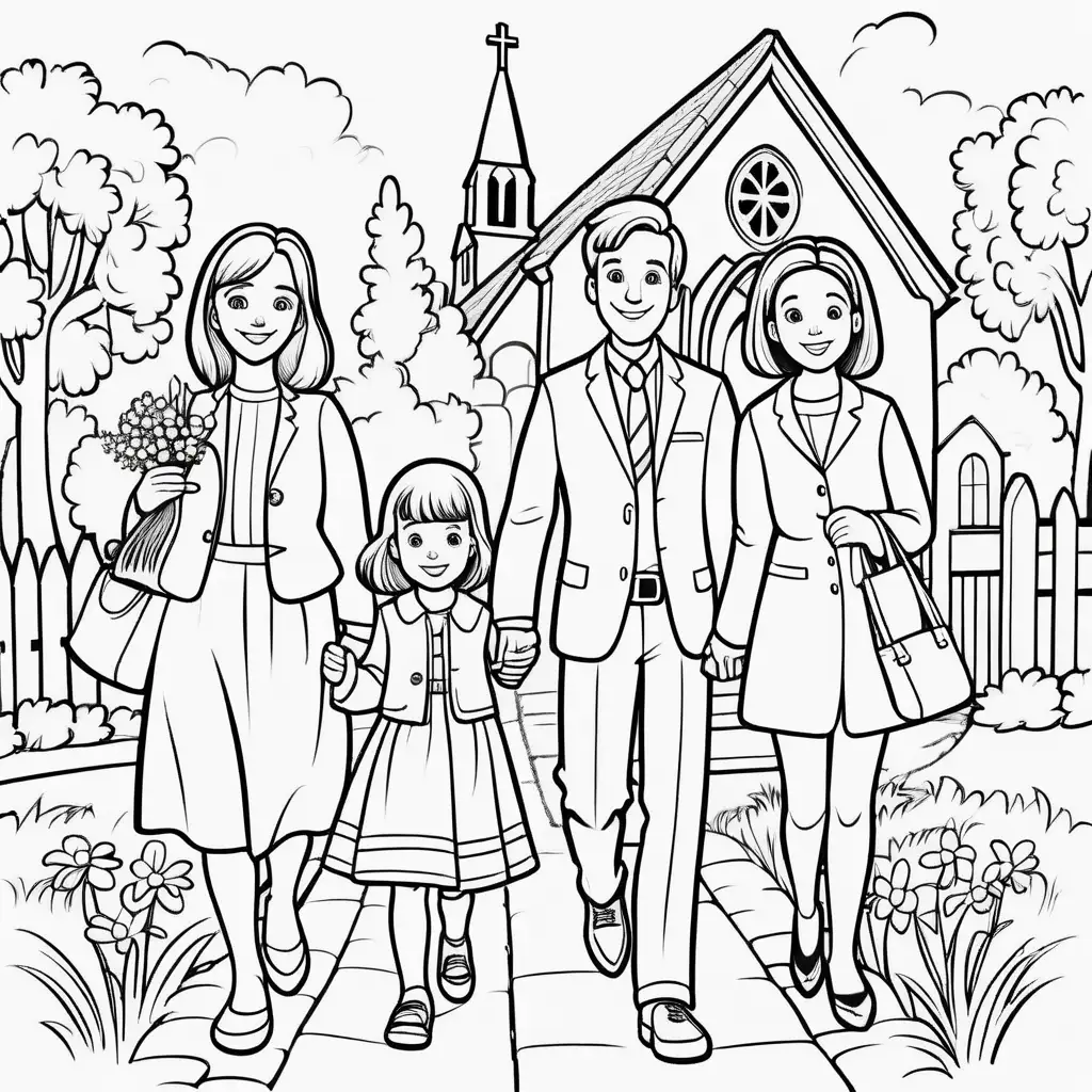 colouring book cartoon image of cute family going to church to celebrate easter time