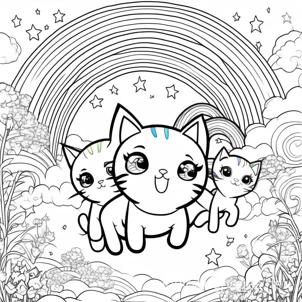 Kittens riding on the backs of magical cats through a rainbow-filled sky., Coloring Page, black and white, line art, white background, Simplicity, Ample White Space. The background of the coloring page is plain white to make it easy for young children to color within the lines. The outlines of all the subjects are easy to distinguish, making it simple for kids to color without too much difficulty