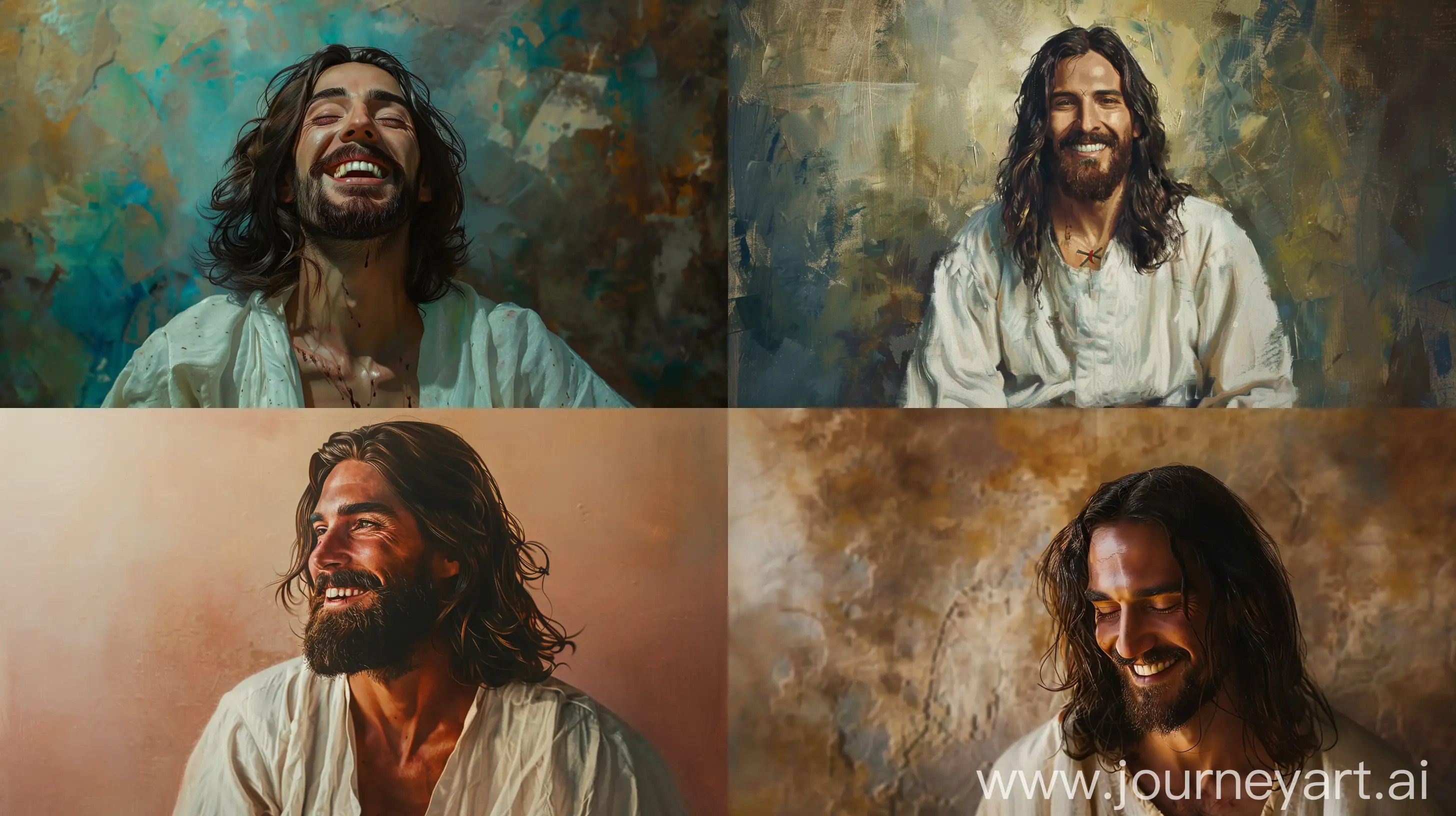 oil painting Jesus, Jesus is smiling, full-length photo, divine photo, ultrarealistic, detailed, RTX, shot on Canon EOS R6, —ar 16:9